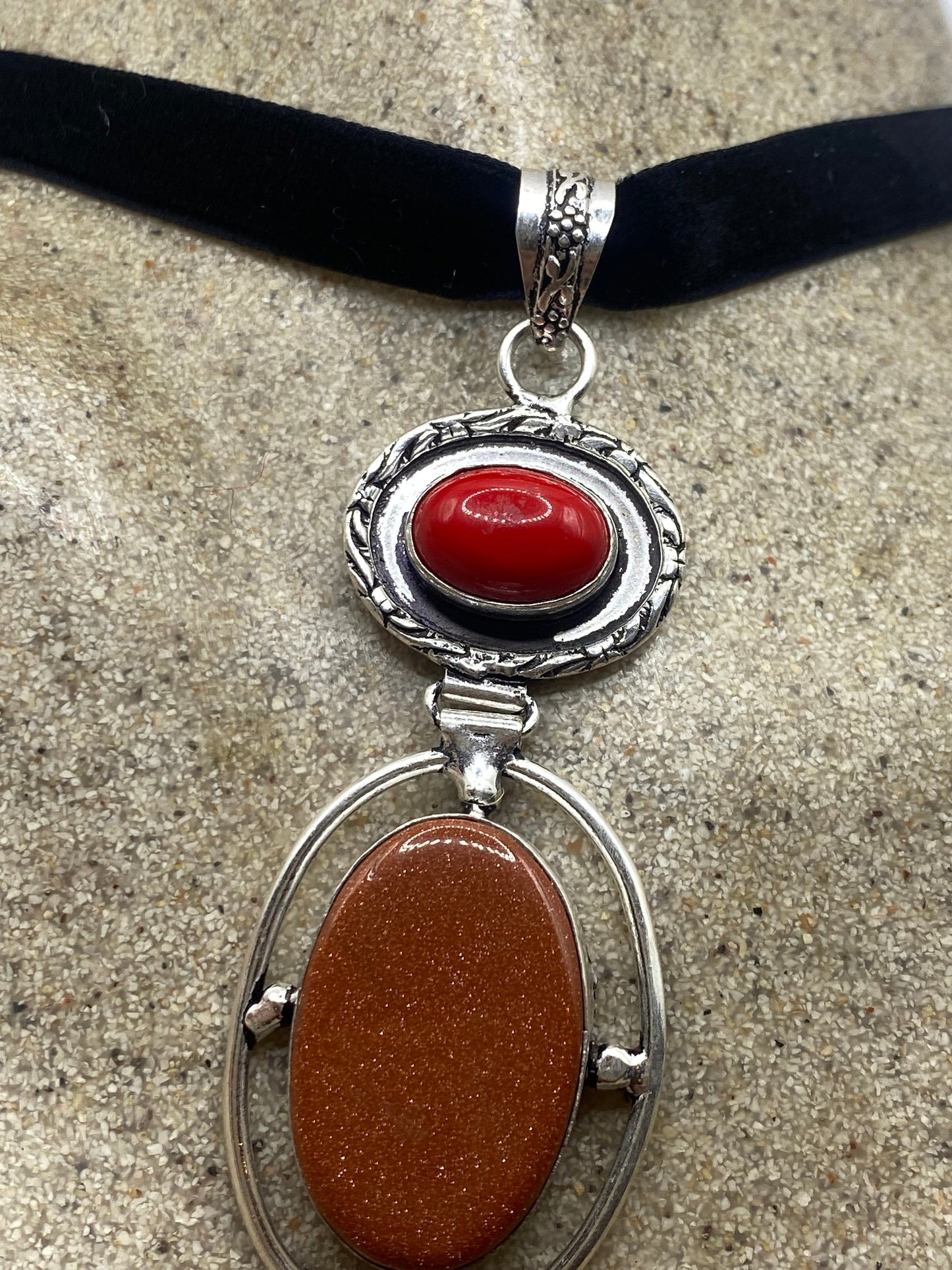 Vintage Golden Sandstone Red Coral Choker Goldstone Silver Necklace