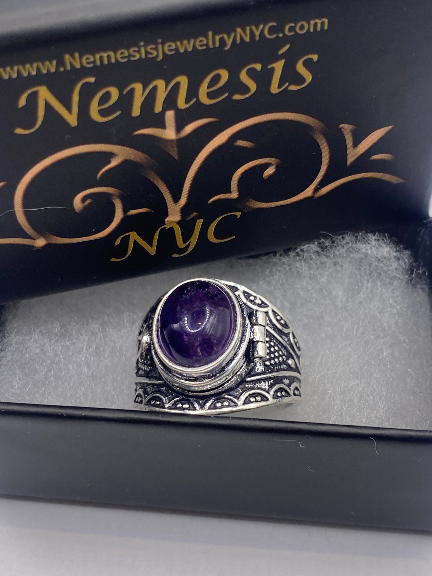 Vintage Purple Amethyst Silver Bronze Poison Pillbox Ring