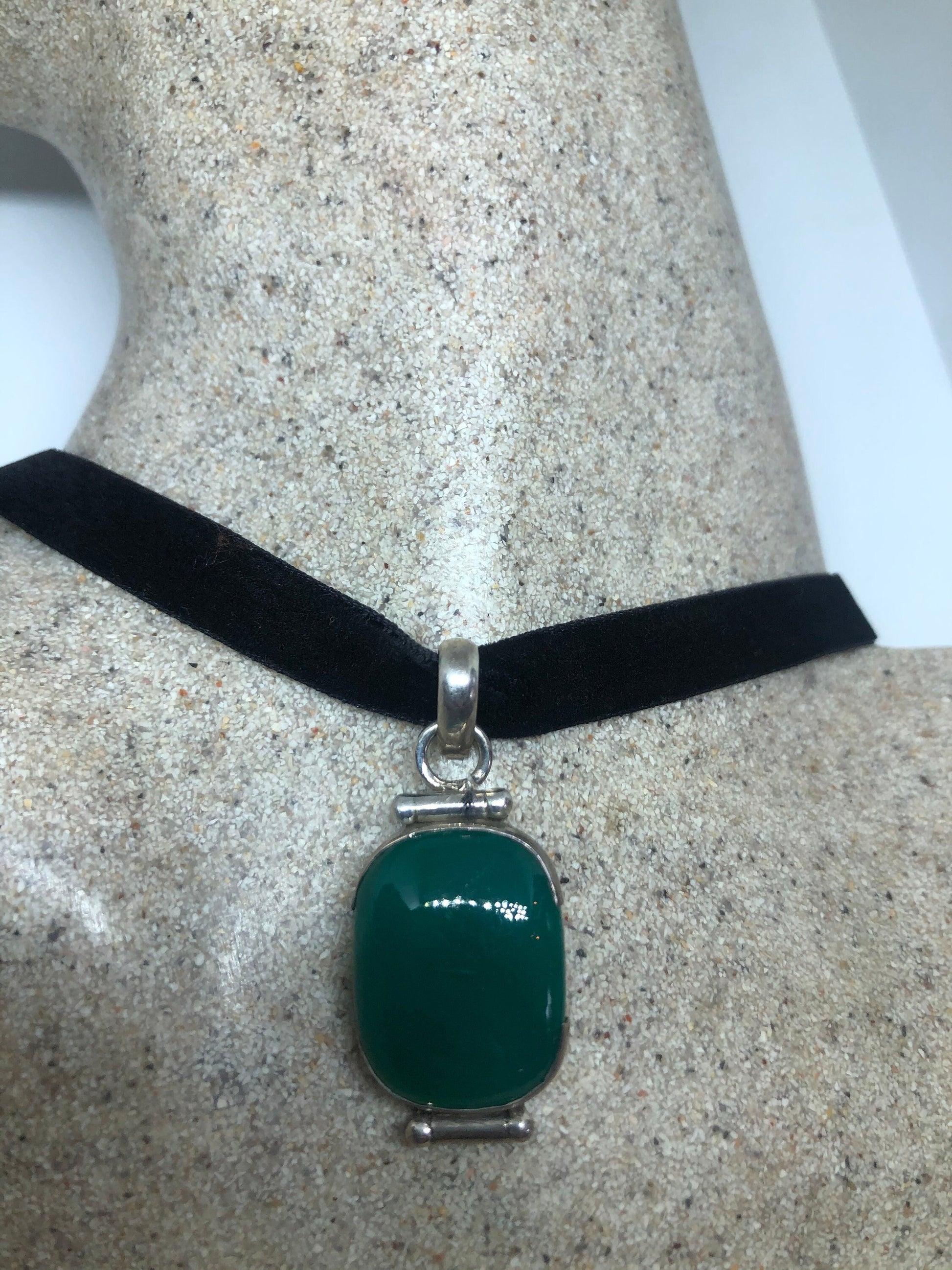 Vintage Green Onyx Choker 925 Sterling Silver Necklace