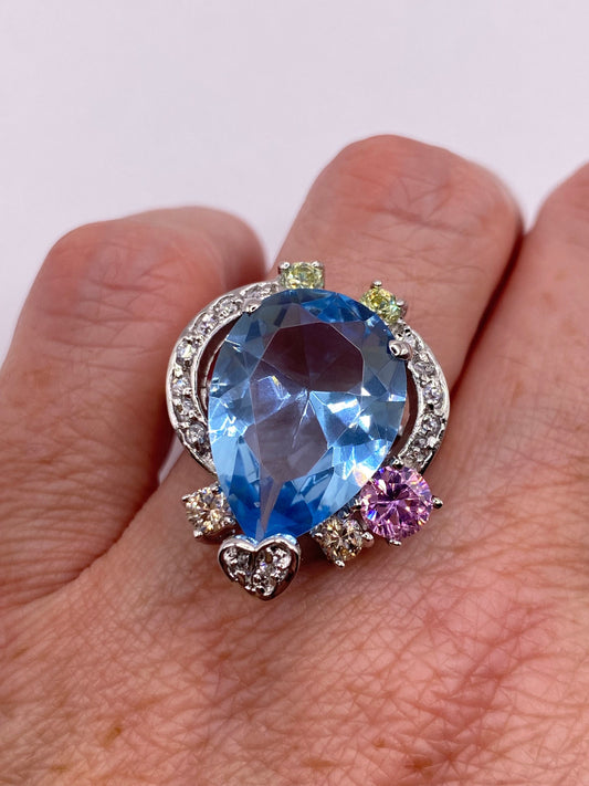 Vintage Genuine Blue Topaz 925 Sterling Silver Statement Chunky Ring