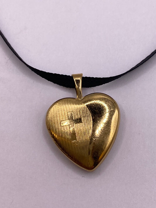 Vintage Heart Cross Locket Choker Gold Filled Necklace