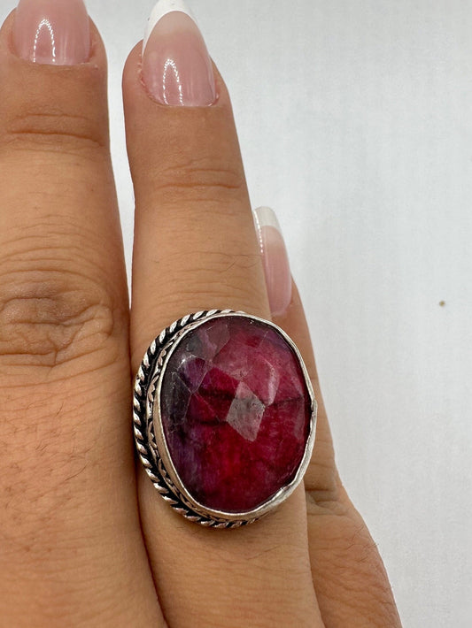 Vintage Raw Pink Ruby Silver Boho Ring