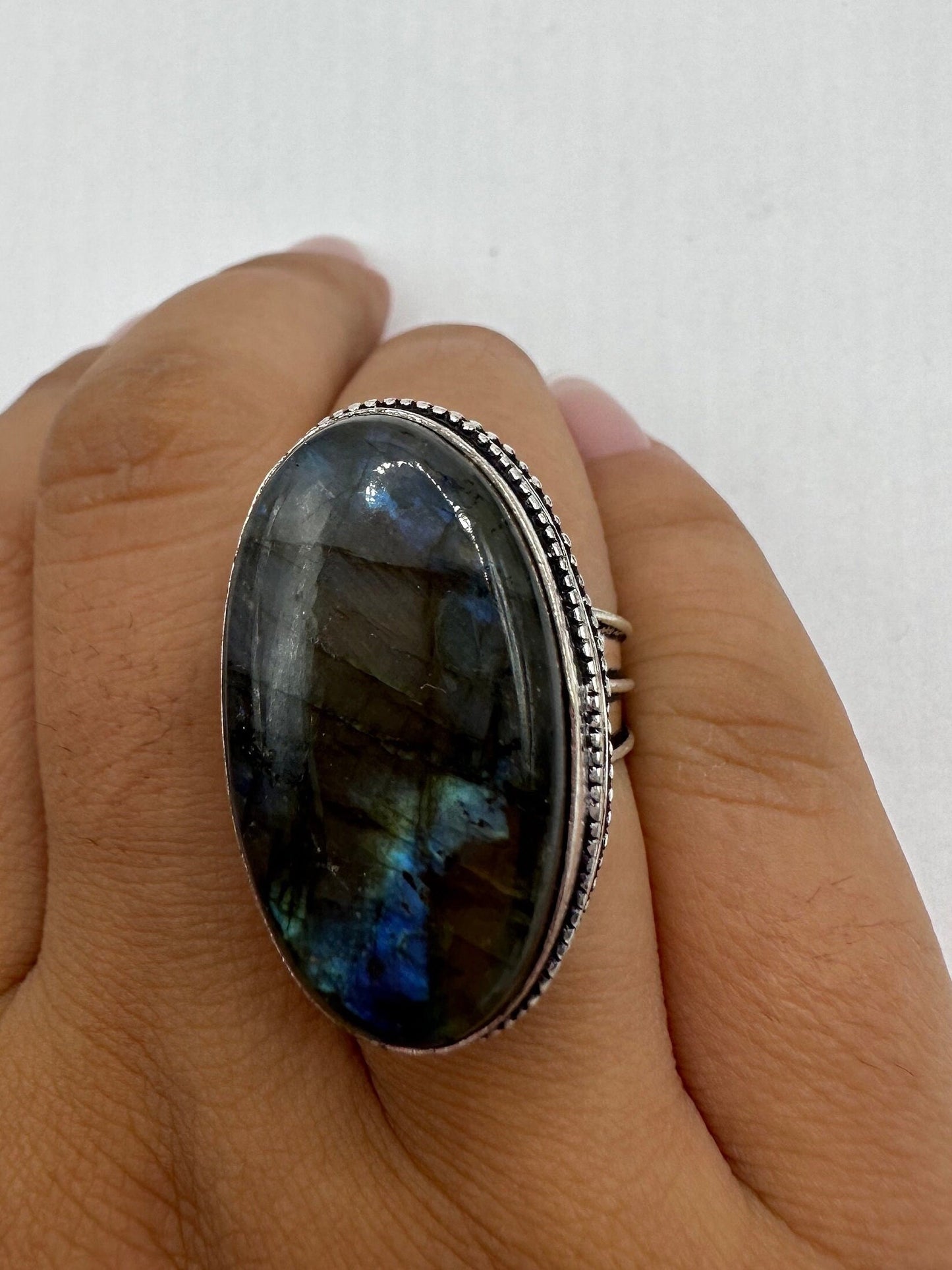 Vintage Labradorite Silver Boho Statement Ring