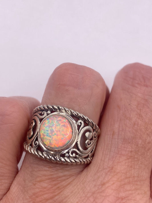 Vintage Fire Opal Ring 925 Sterling Silver Cocktail Band