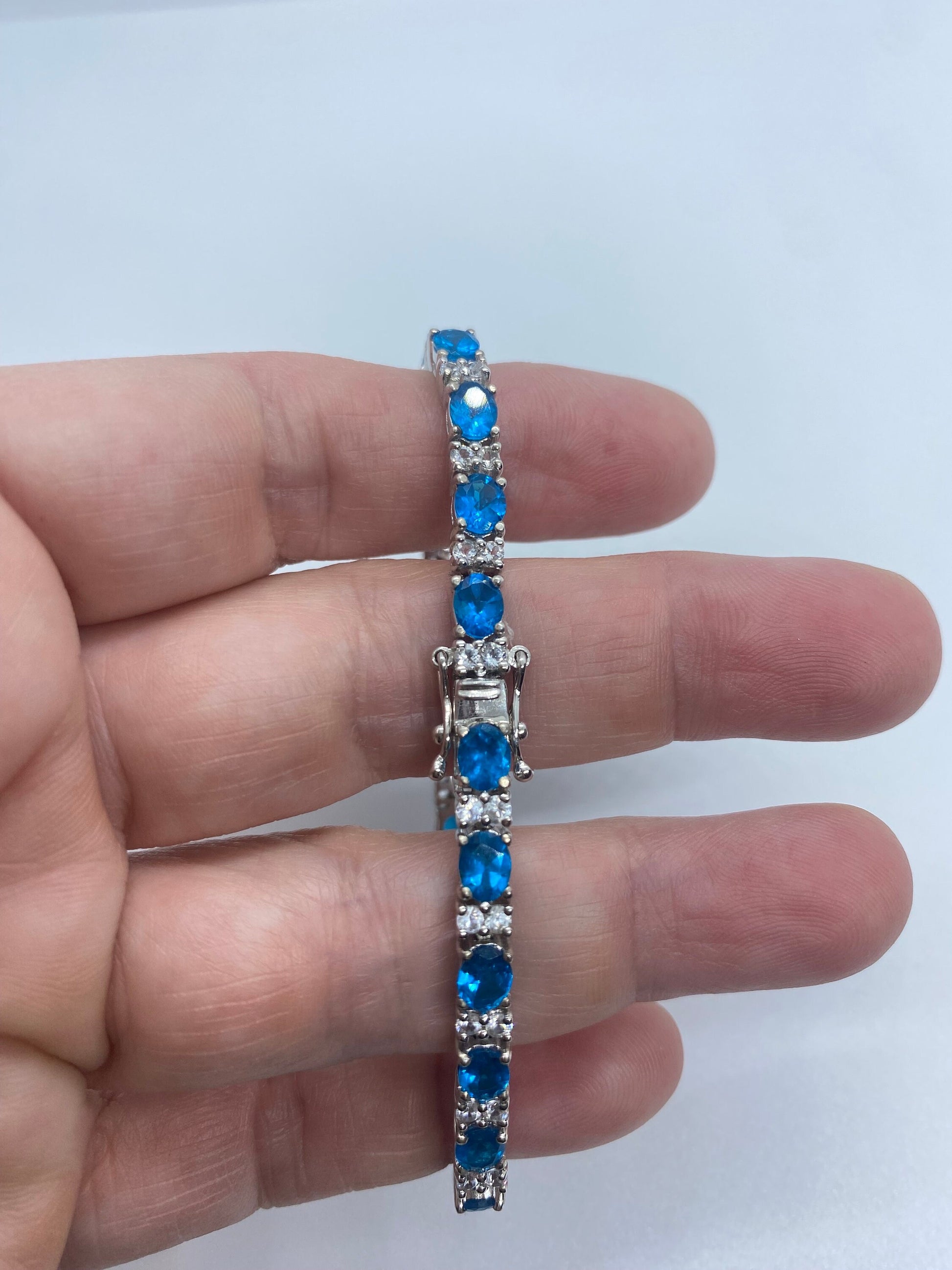 Vintage Blue Fluorite 925 Sterling Silver Tennis Bracelet Something blue for bride