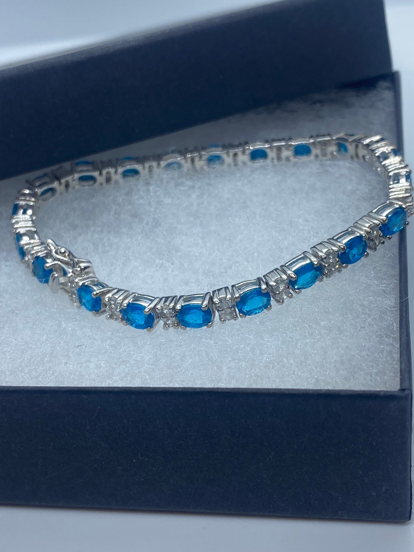 Vintage Blue Fluorite 925 Sterling Silver Tennis Bracelet Something blue for bride