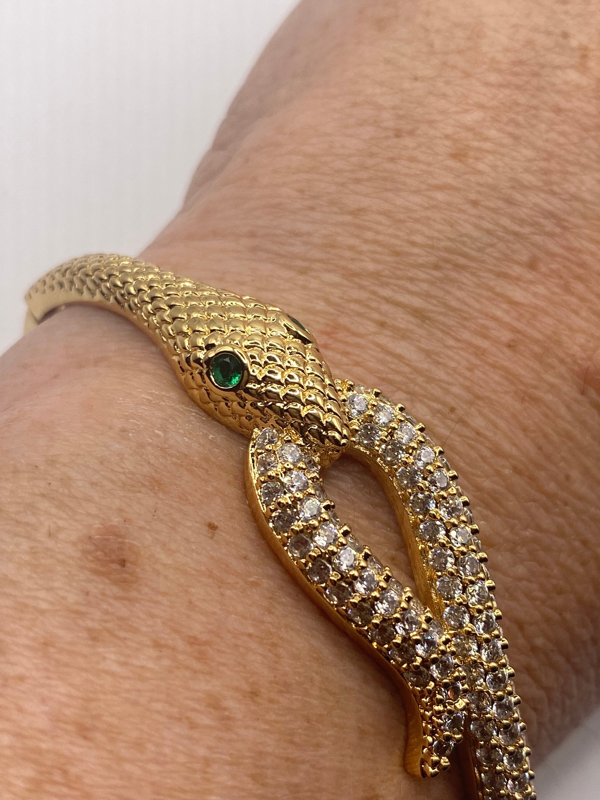 Vintage Snake Bangle Bracelet Gold filled Green Crystal Eyes