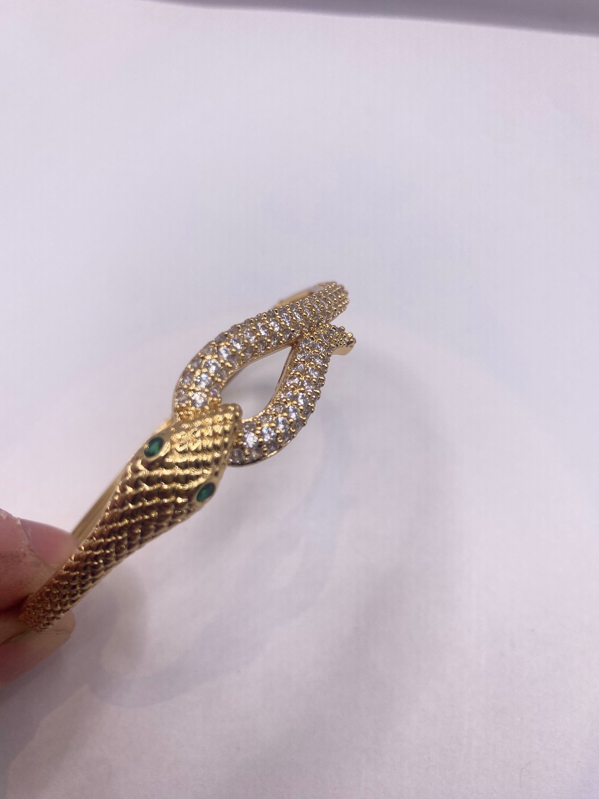 Vintage Snake Bangle Bracelet Gold filled Green Crystal Eyes