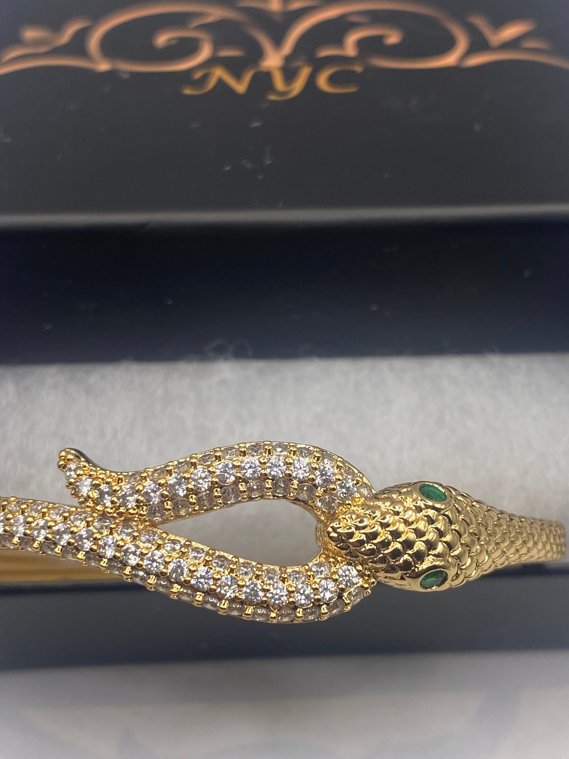 Vintage Snake Bangle Bracelet Gold filled Green Crystal Eyes