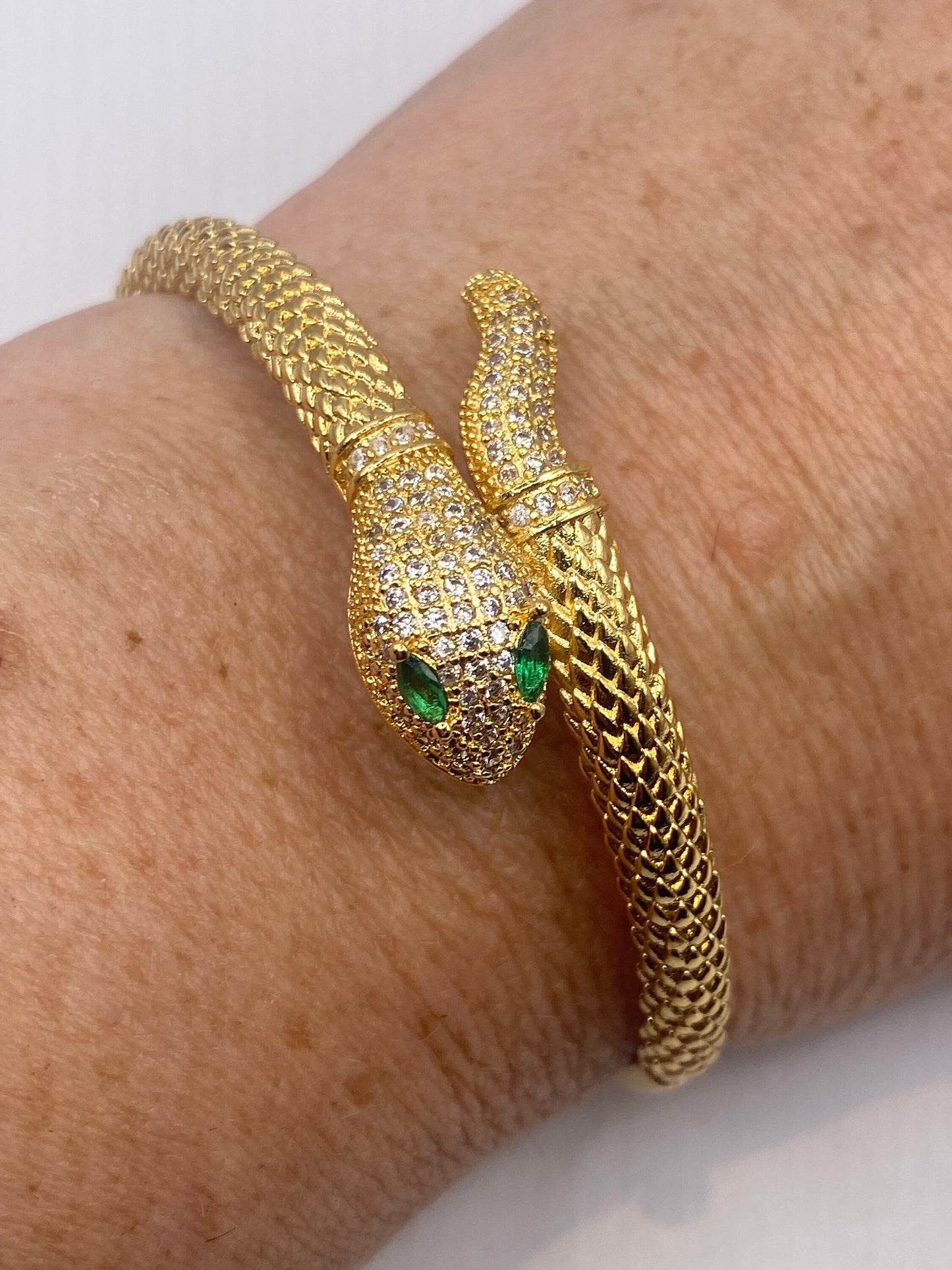 Vintage Snake Bangle Bracelet Gold filled Green Crystal Eyes