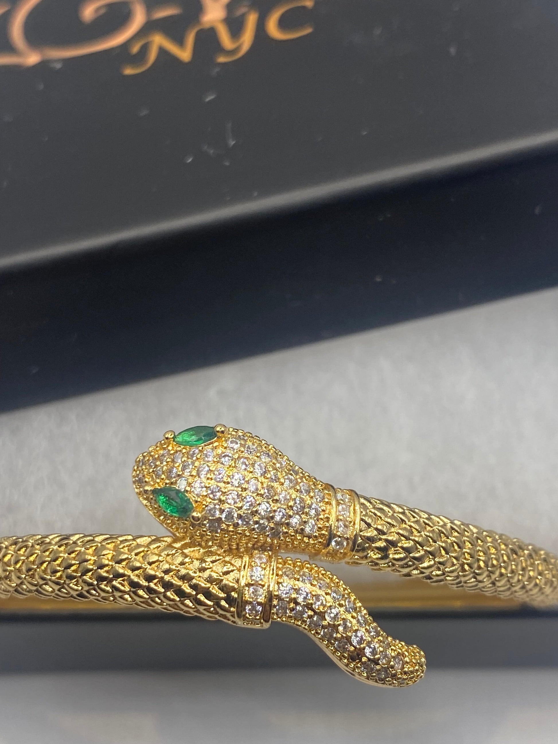 Vintage Snake Bangle Bracelet Gold filled Green Crystal Eyes