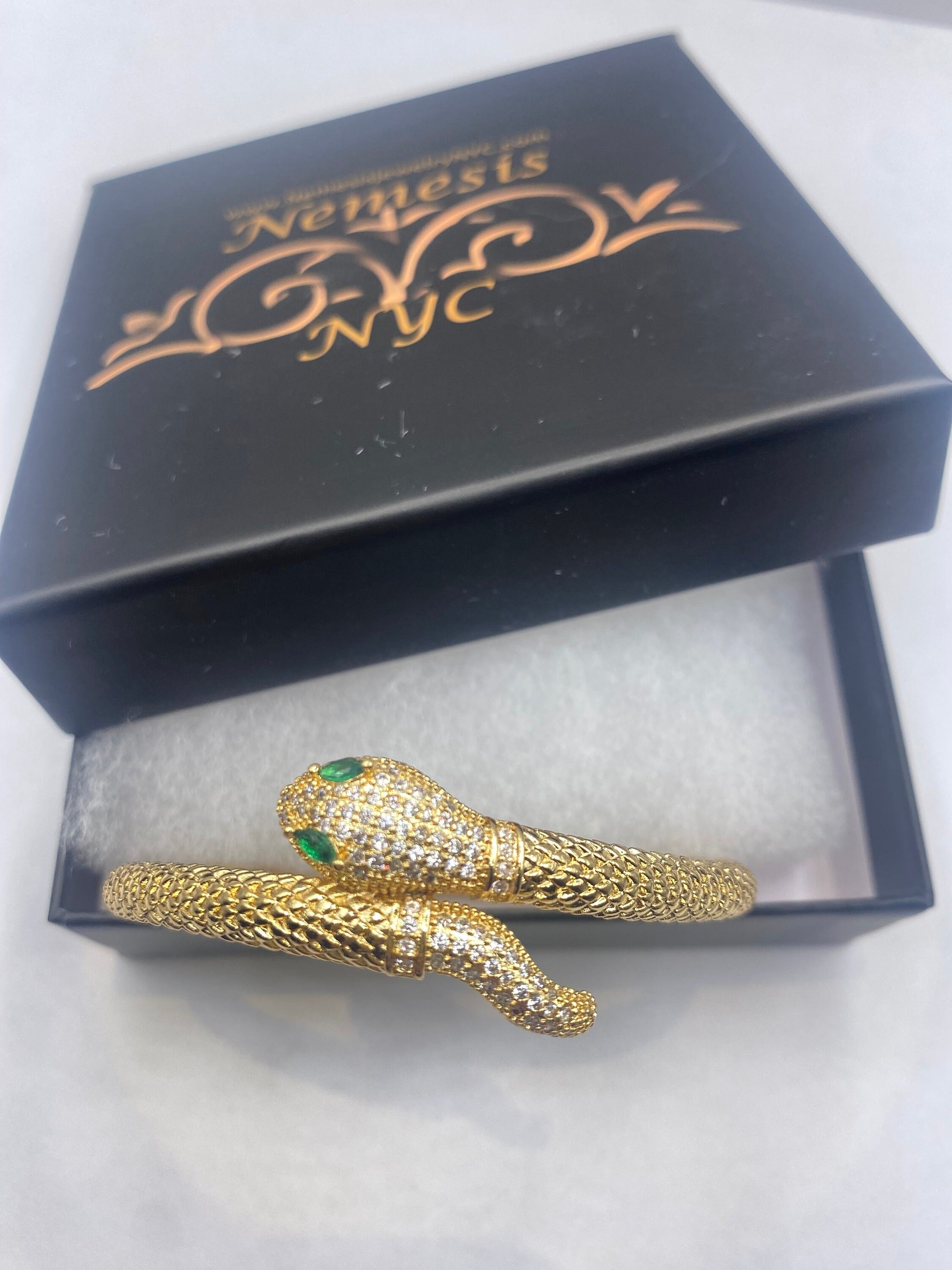 Vintage Snake Bangle Bracelet Gold filled Green Crystal Eyes