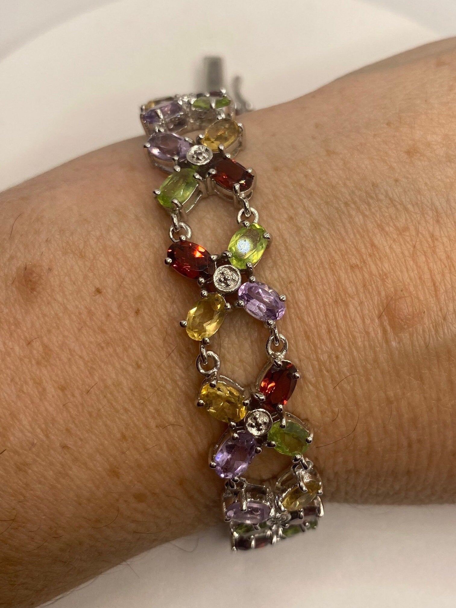 Vintage Garnet Amethyst Citrine Peridot in 925 Sterling Silver Tennis Bracelet