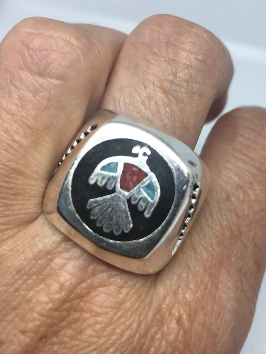 Vintage Thunderbird Ring Native American Style Southwestern Turquoise Stone Inlay Mens