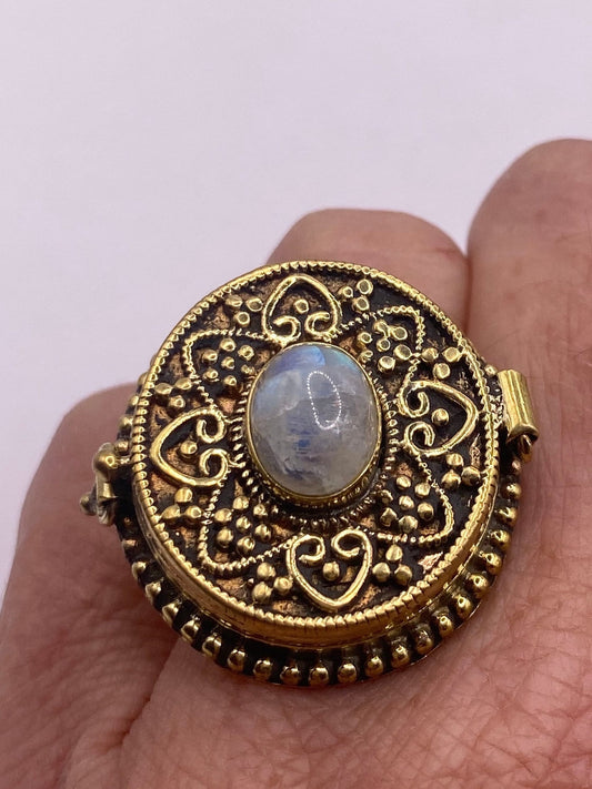 Vintage Rainbow Moonstone Brass Poison Pillbox Ring