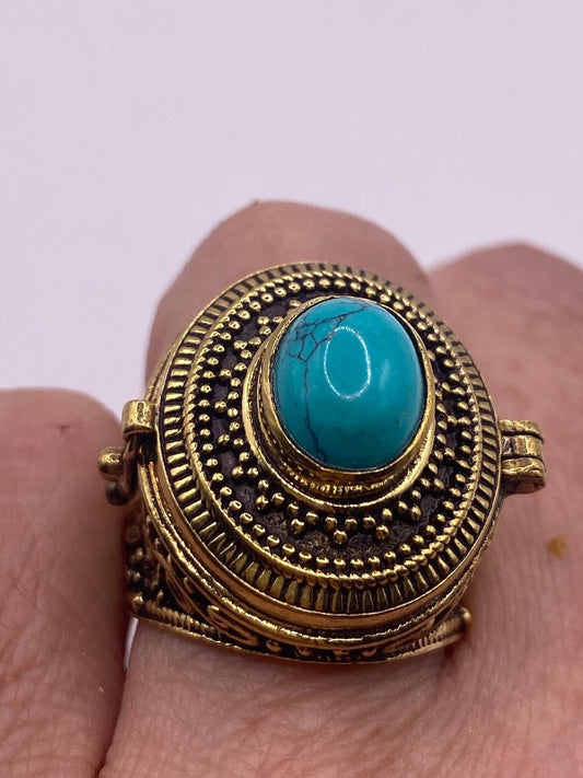 Vintage Gold Turquoise Brass Poison Pillbox Ring
