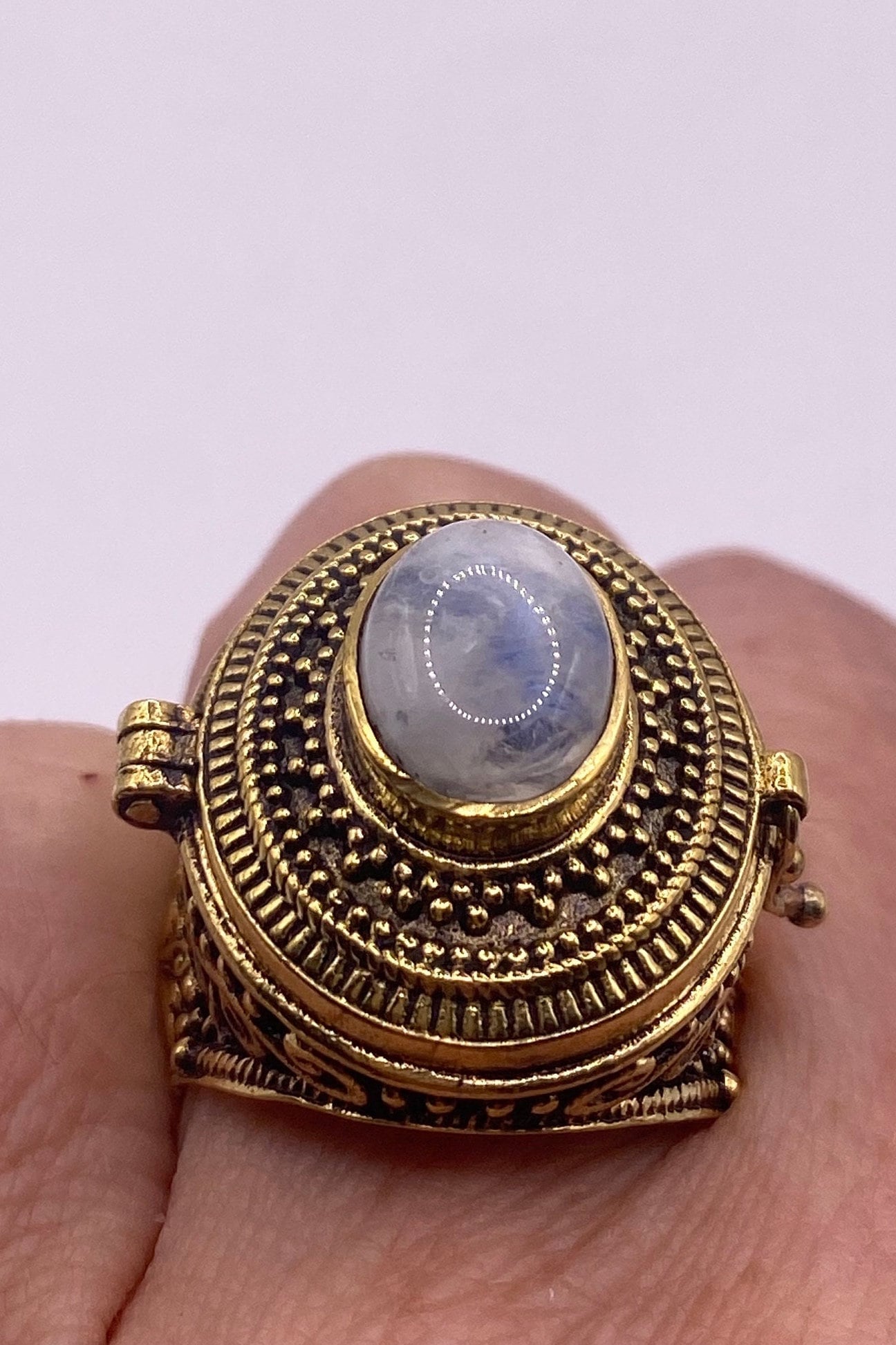 Vintage Gold Rainbow Moonstone Brass Poison Pillbox Ring