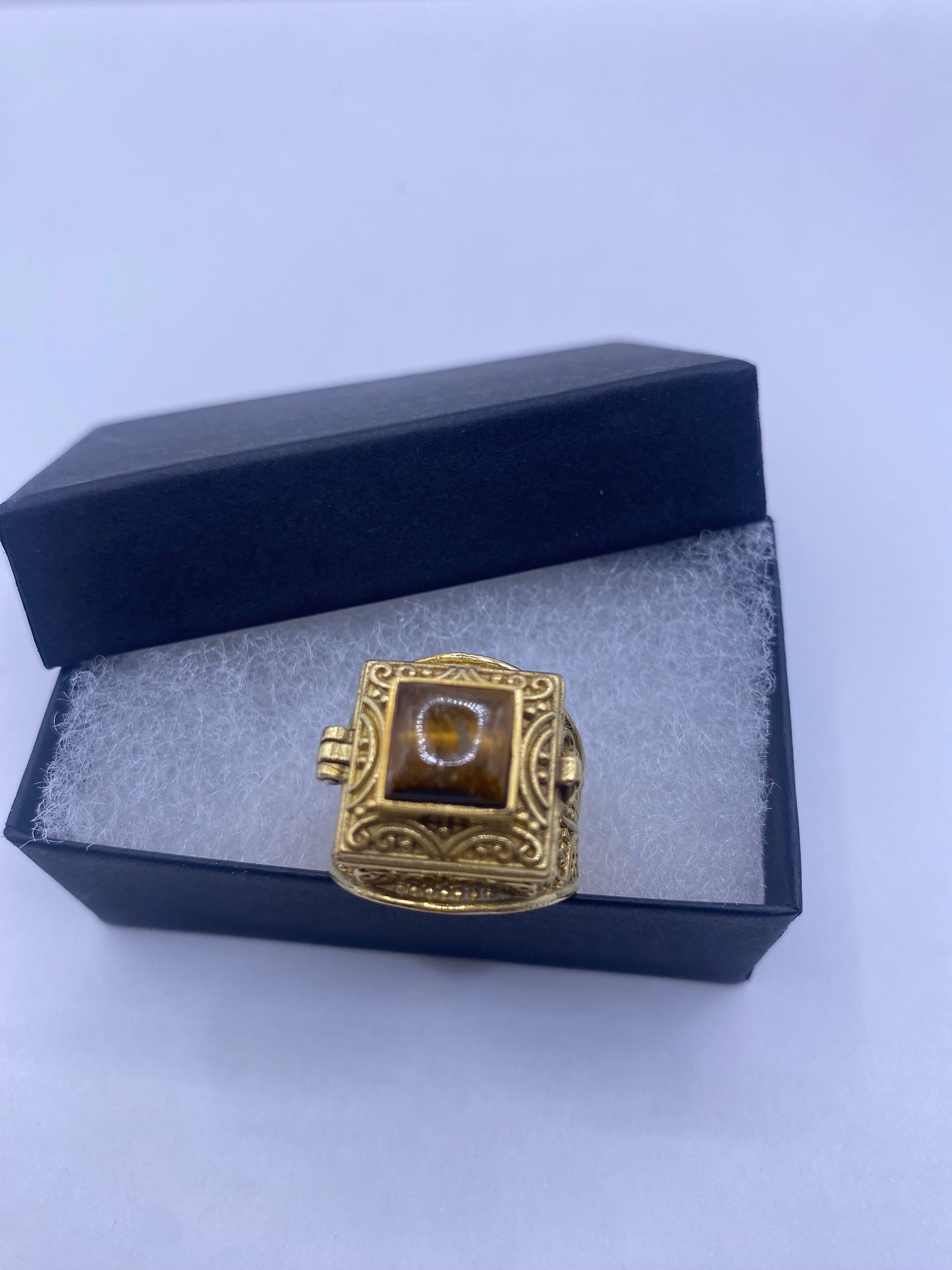 Vintage Gold Tigers Eye Brass Poison Pillbox Ring