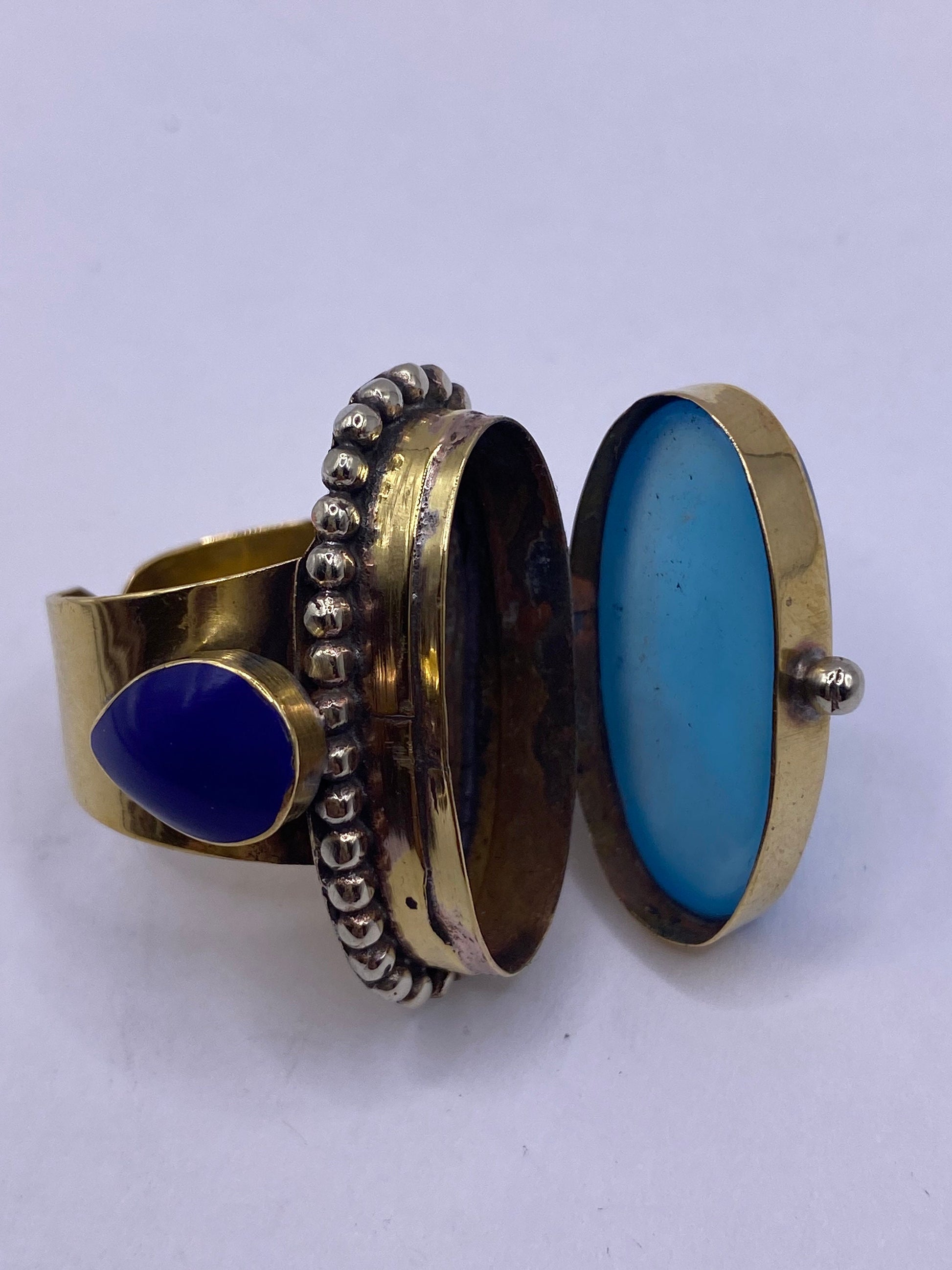 Large Stone Brass Knuckle poison pillbox Adjustable Ring