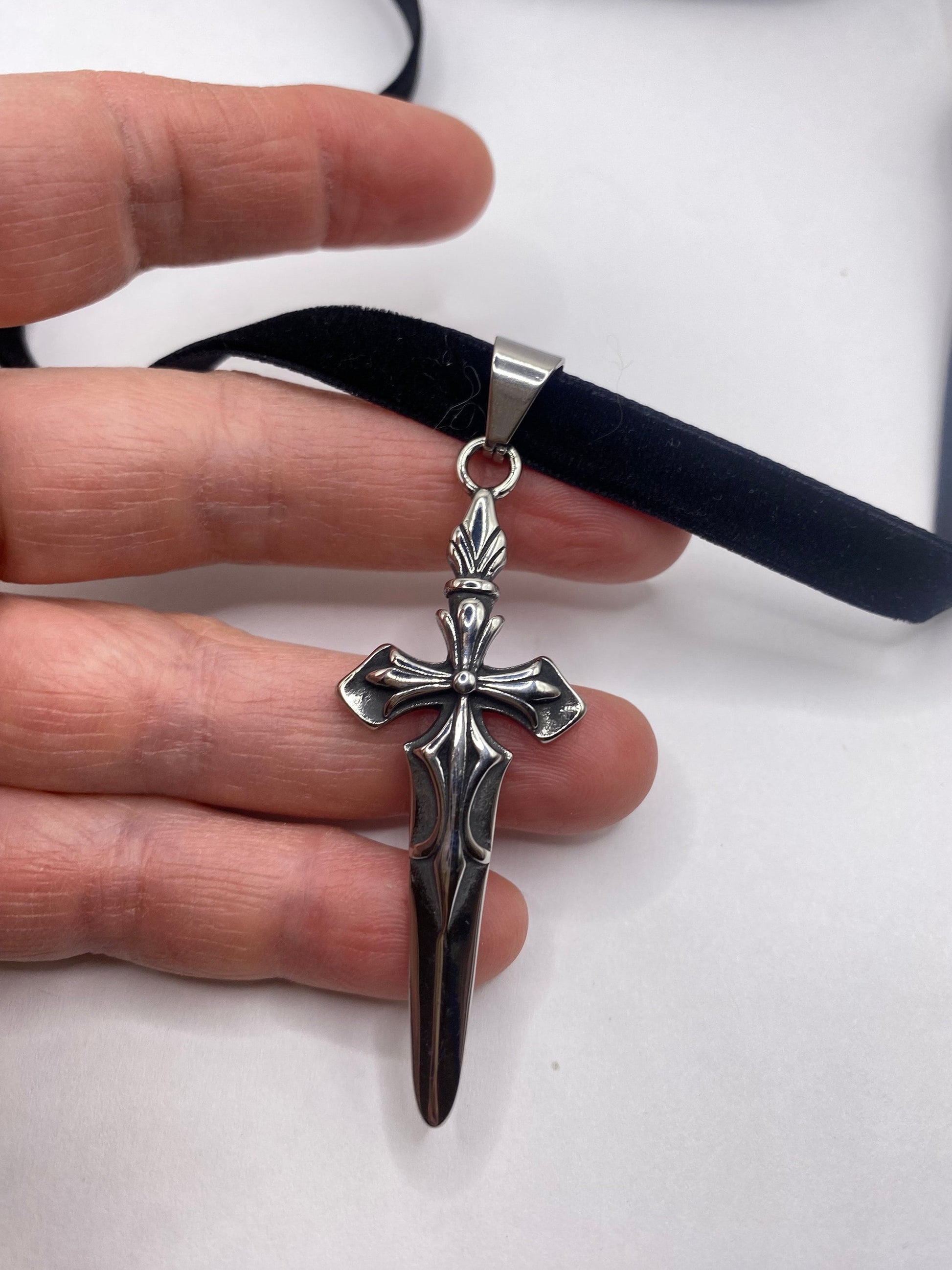 vintage Celtic Silver Stainless Steel Cross Dagger pendant necklace