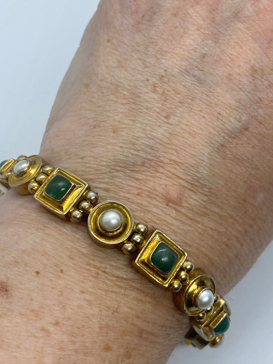 Vintage Pearl Green Jade Gold Bracelet in 925 Sterling Silver