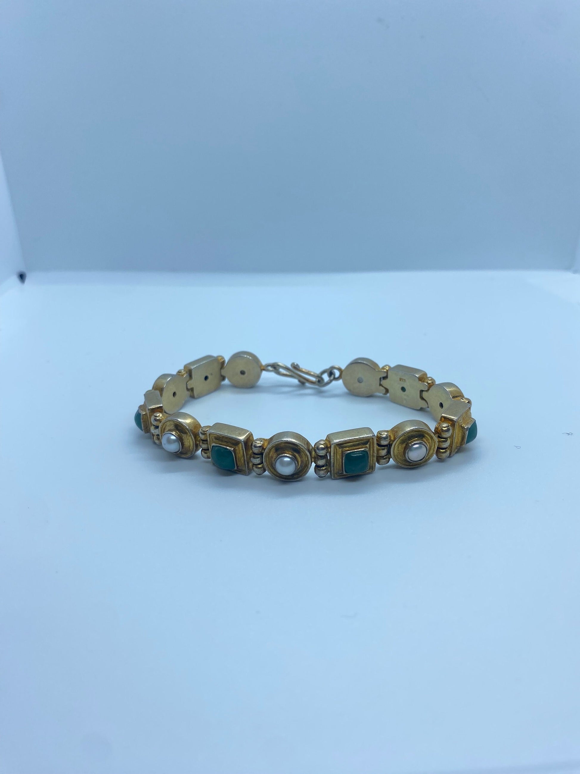 Vintage Pearl Green Jade Gold Bracelet in 925 Sterling Silver