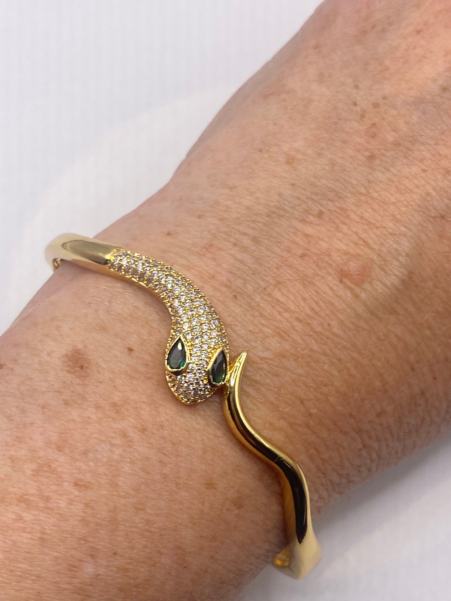 Vintage Snake Bangle Bracelet Gold filled Green Crystal Eyes