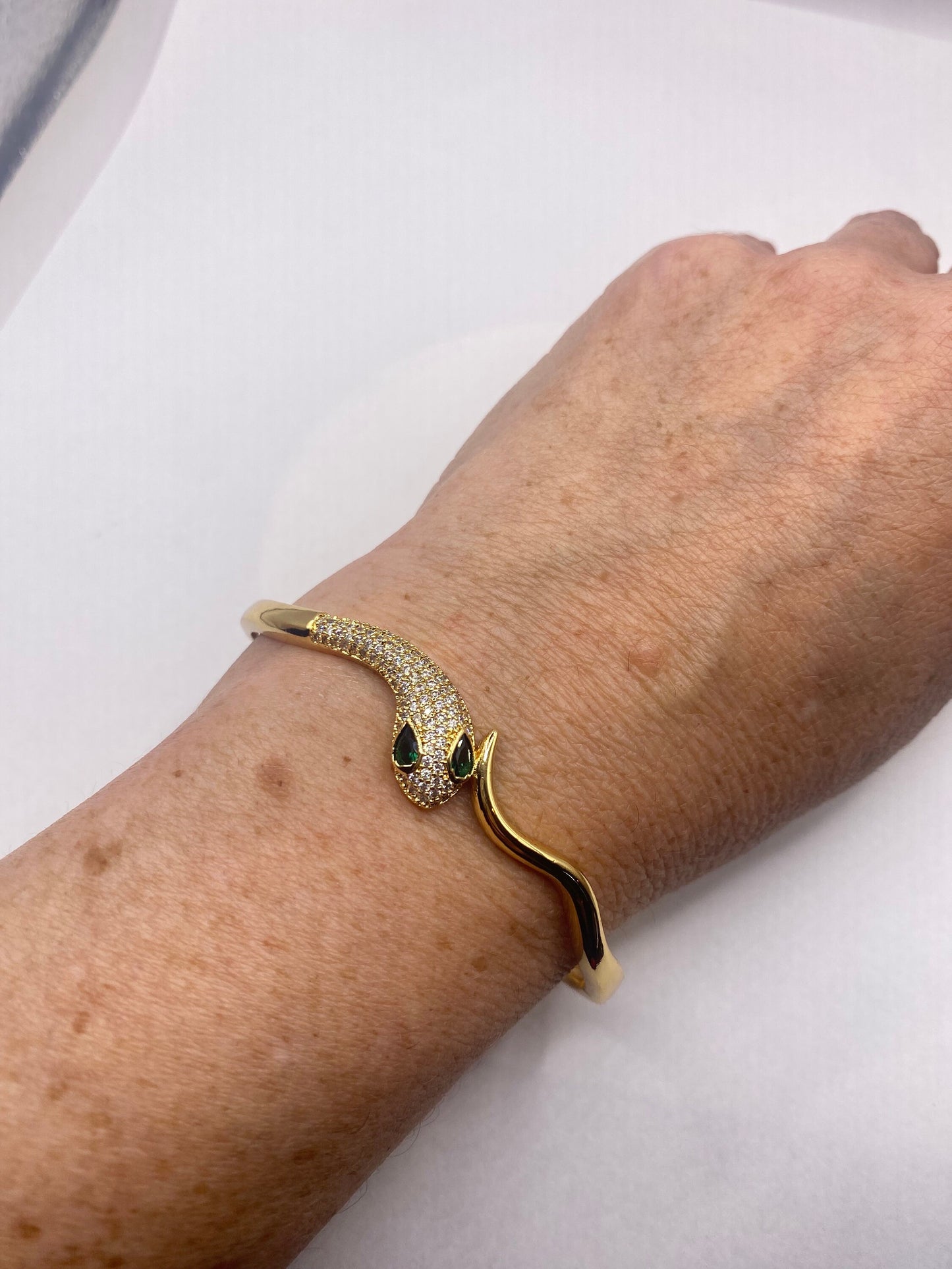 Vintage Snake Bangle Bracelet Gold filled Green Crystal Eyes