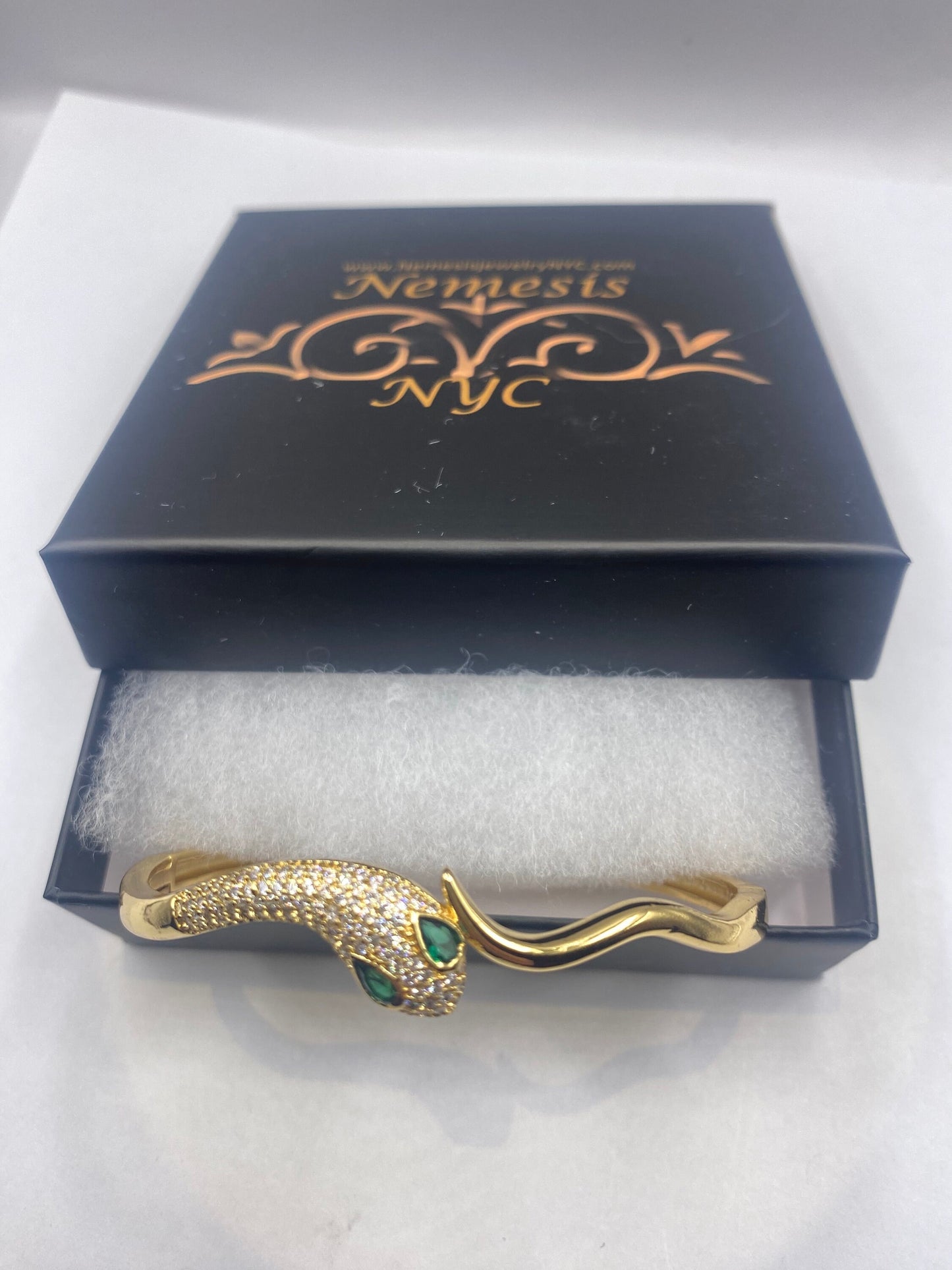 Vintage Snake Bangle Bracelet Gold filled Green Crystal Eyes