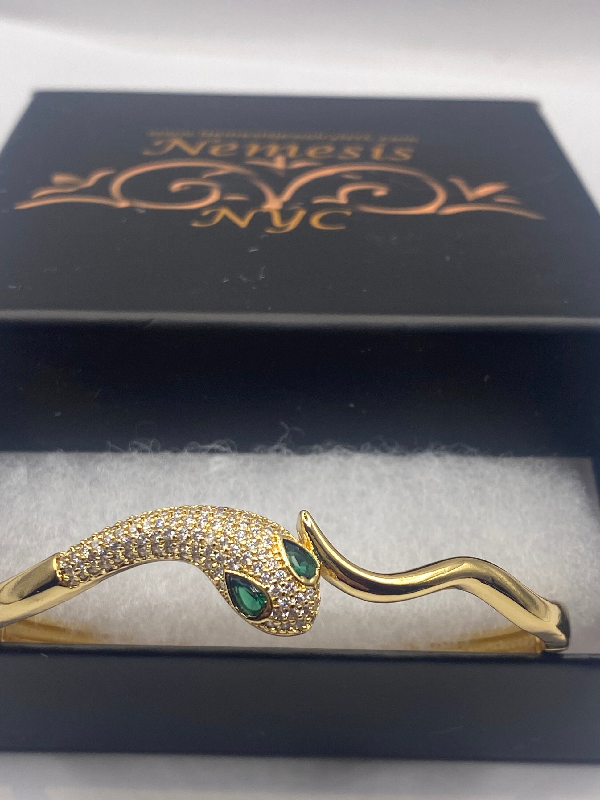 Vintage Snake Bangle Bracelet Gold filled Green Crystal Eyes