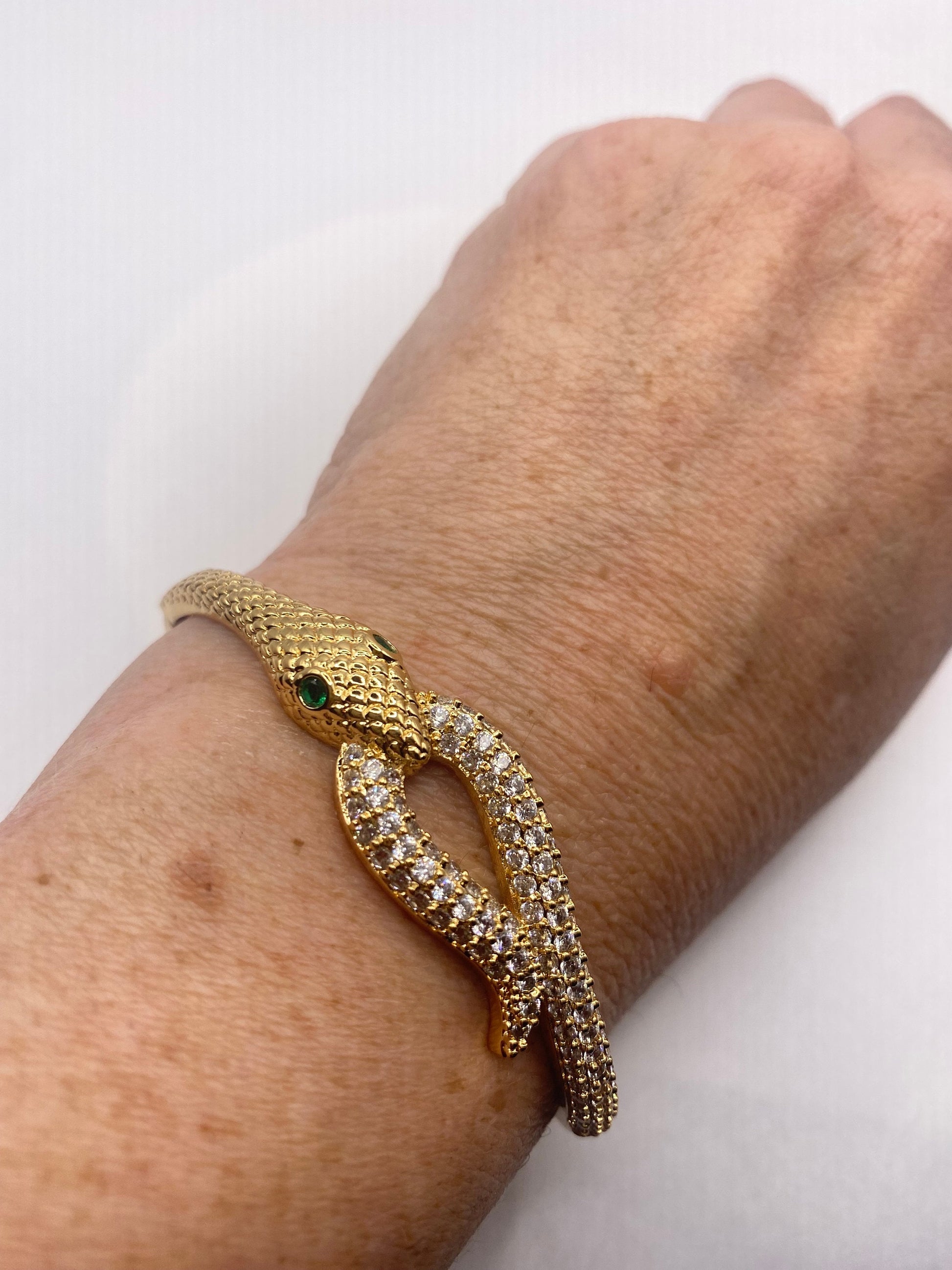 Vintage Snake Bangle Bracelet Gold filled Green Crystal Eyes