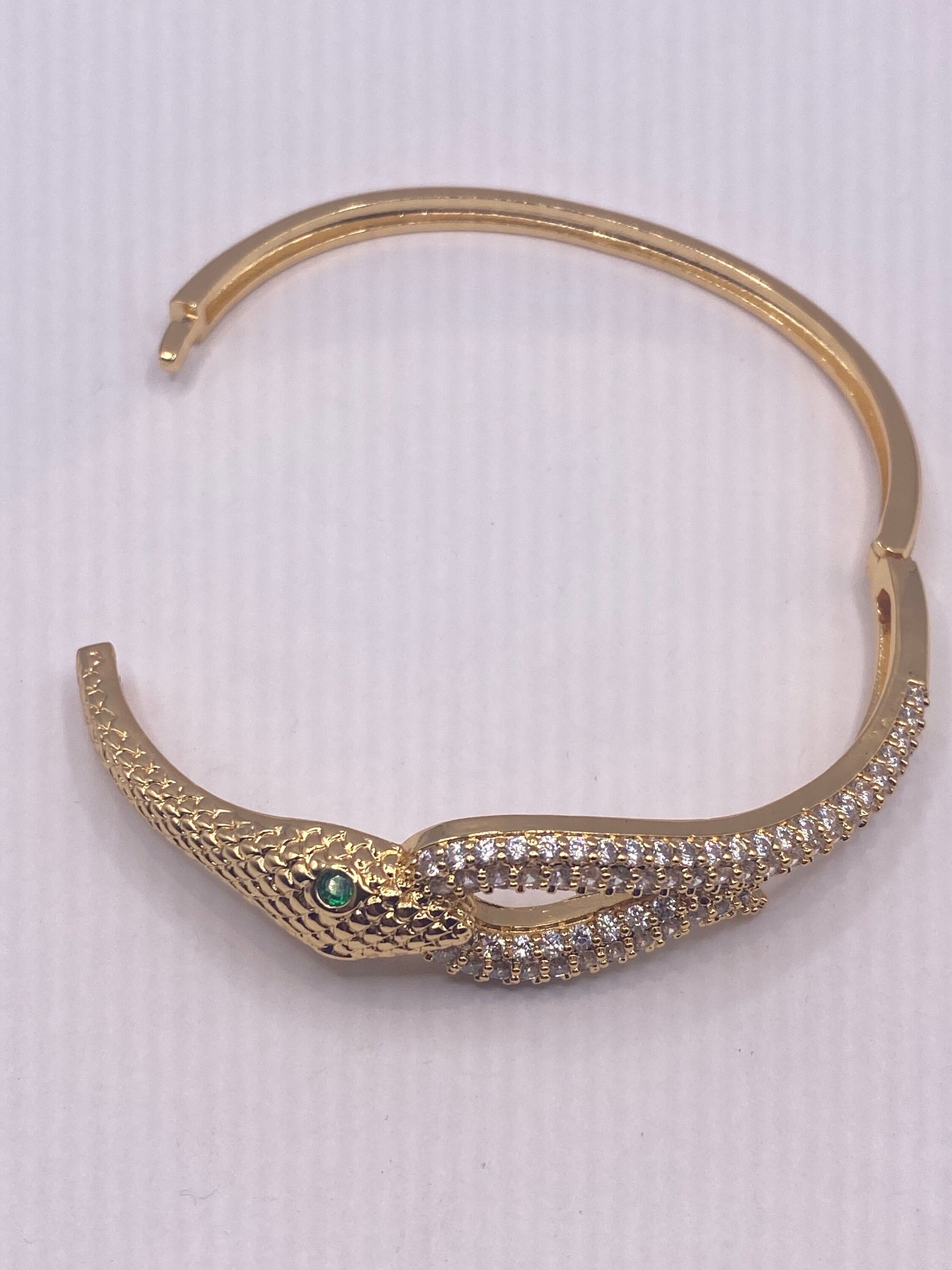 Vintage Snake Bangle Bracelet Gold filled Green Crystal Eyes