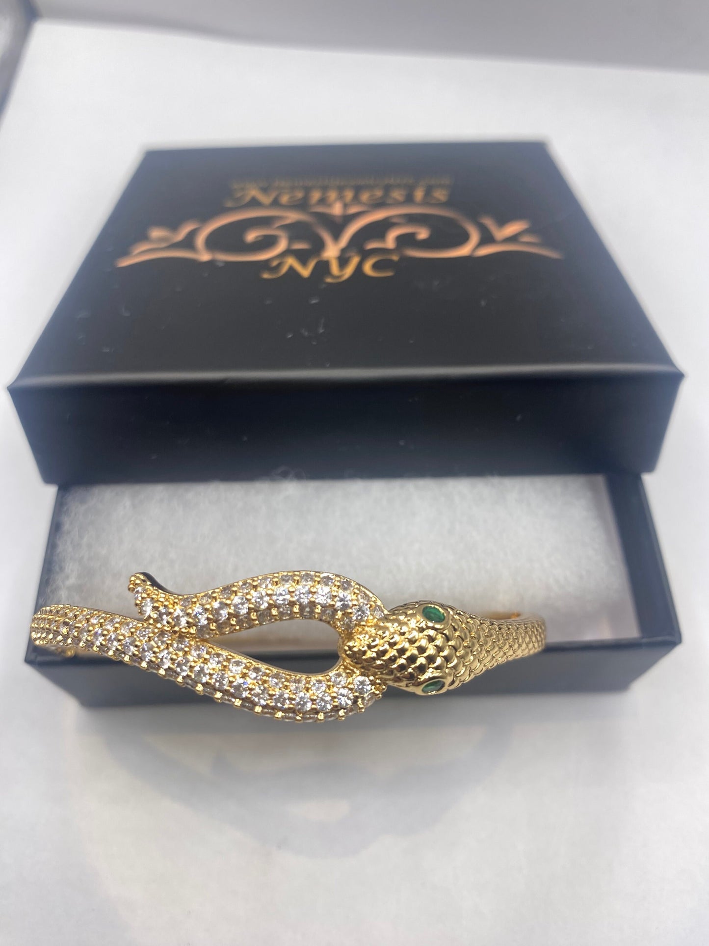 Vintage Snake Bangle Bracelet Gold filled Green Crystal Eyes