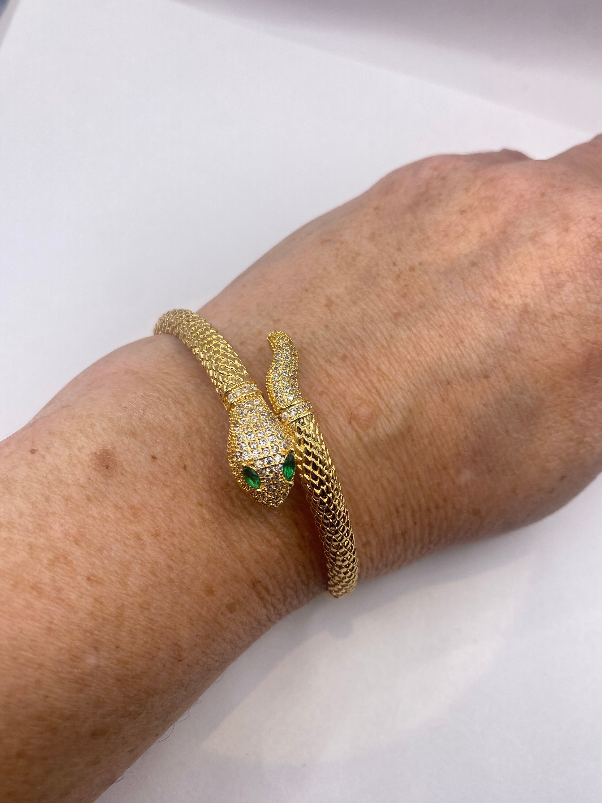 Vintage Snake Bangle Bracelet Gold filled Green Crystal Eyes