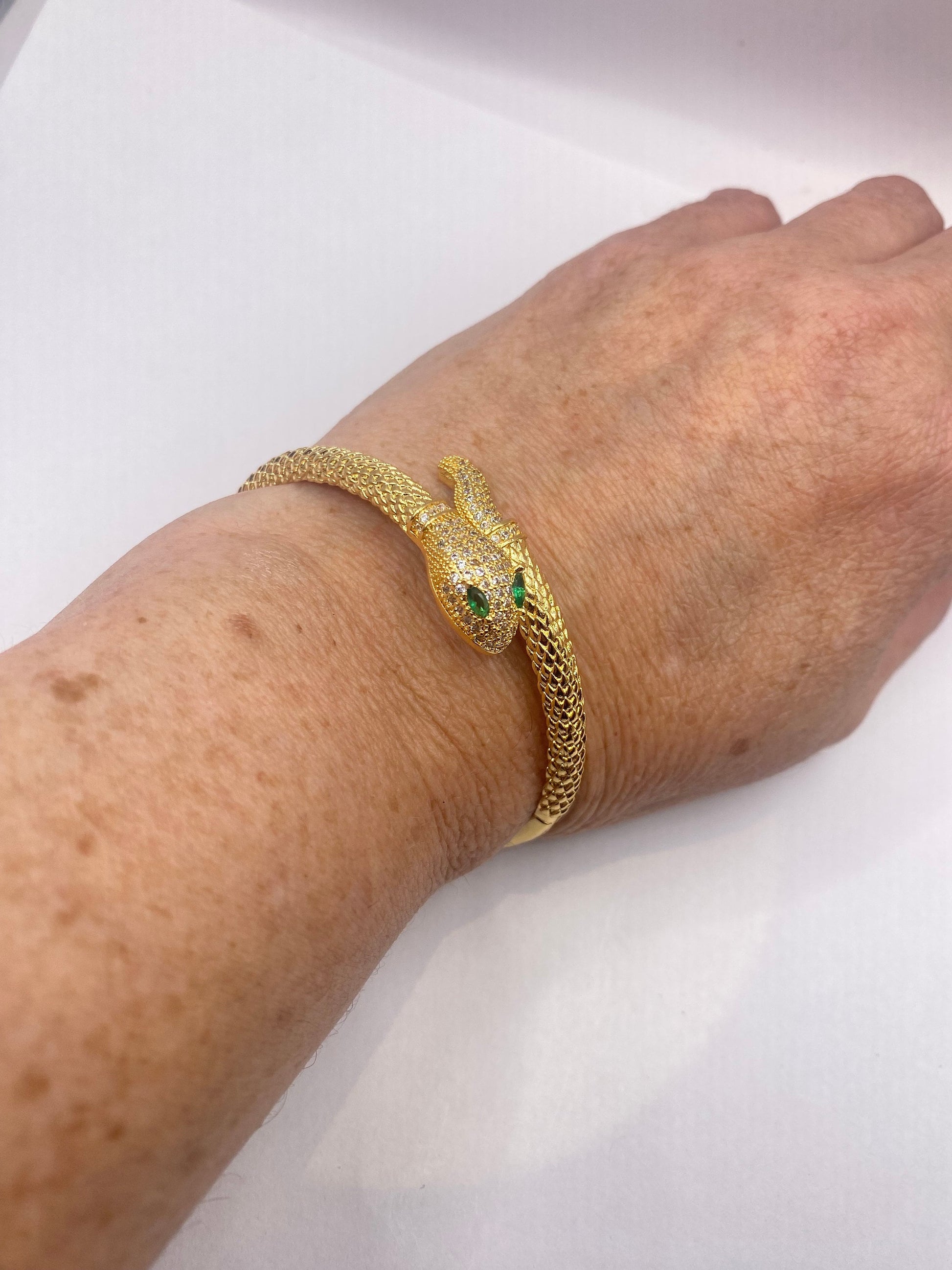 Vintage Snake Bangle Bracelet Gold filled Green Crystal Eyes