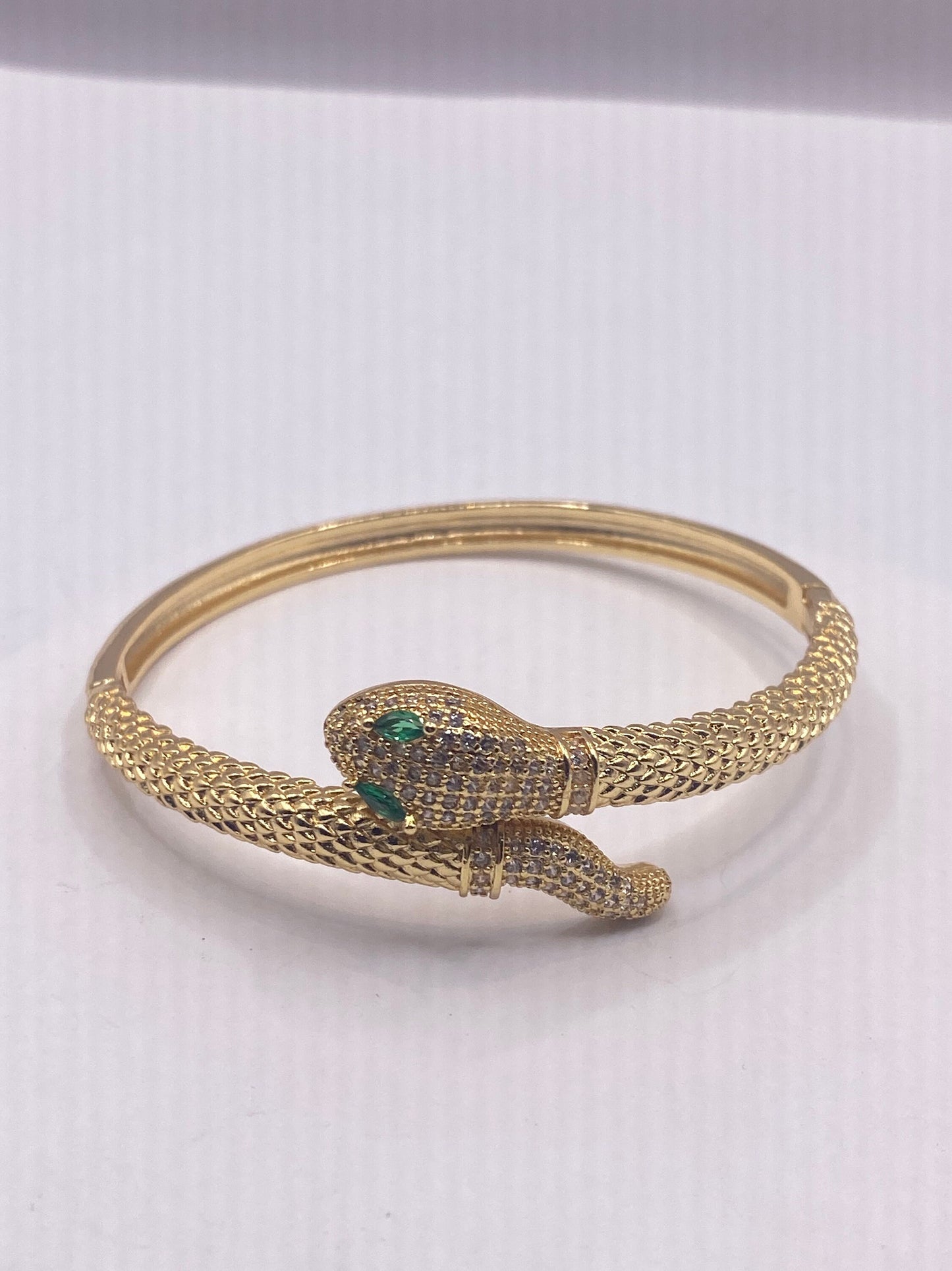 Vintage Snake Bangle Bracelet Gold filled Green Crystal Eyes