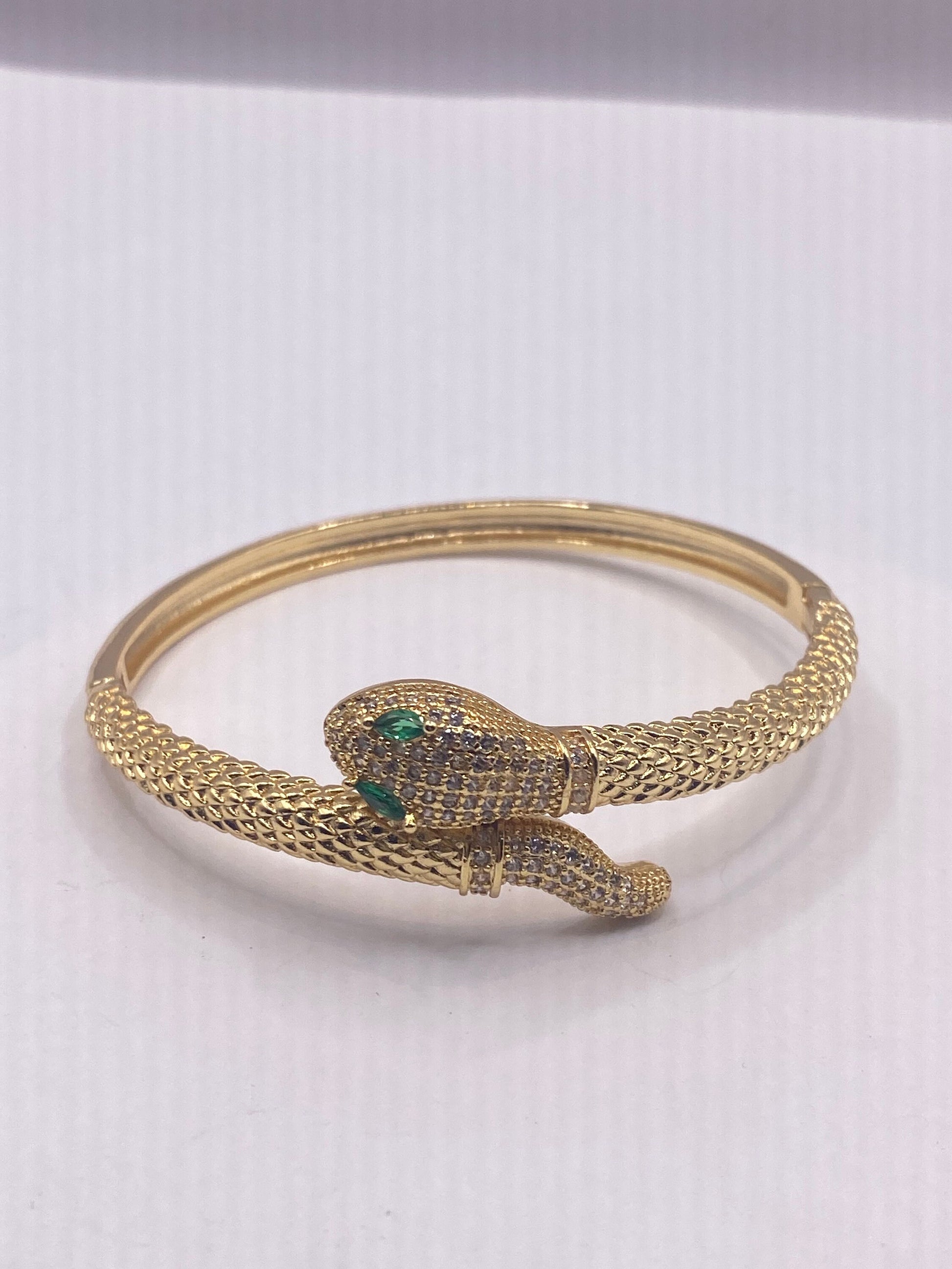 Vintage Snake Bangle Bracelet Gold filled Green Crystal Eyes