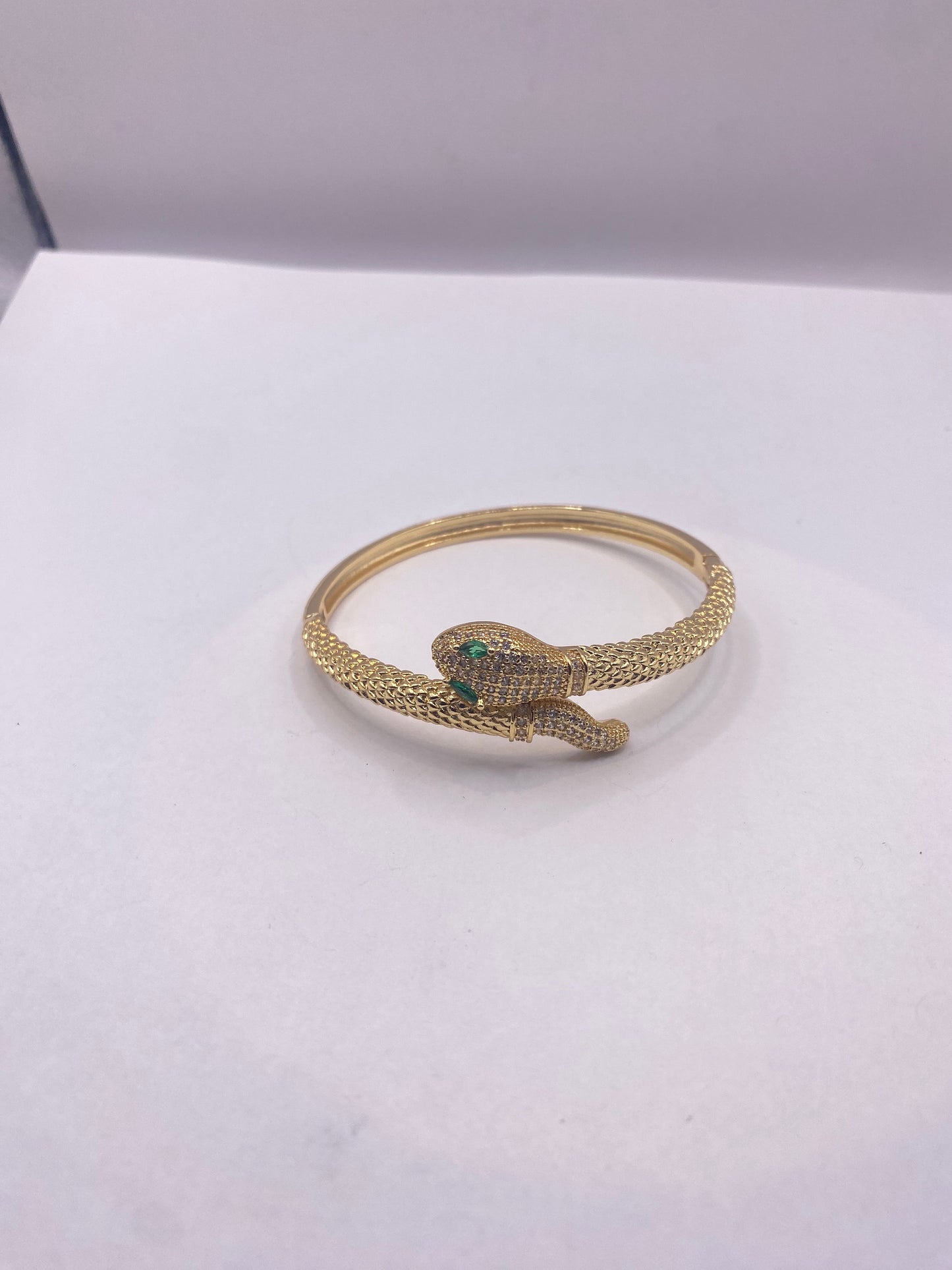 Vintage Snake Bangle Bracelet Gold filled Green Crystal Eyes