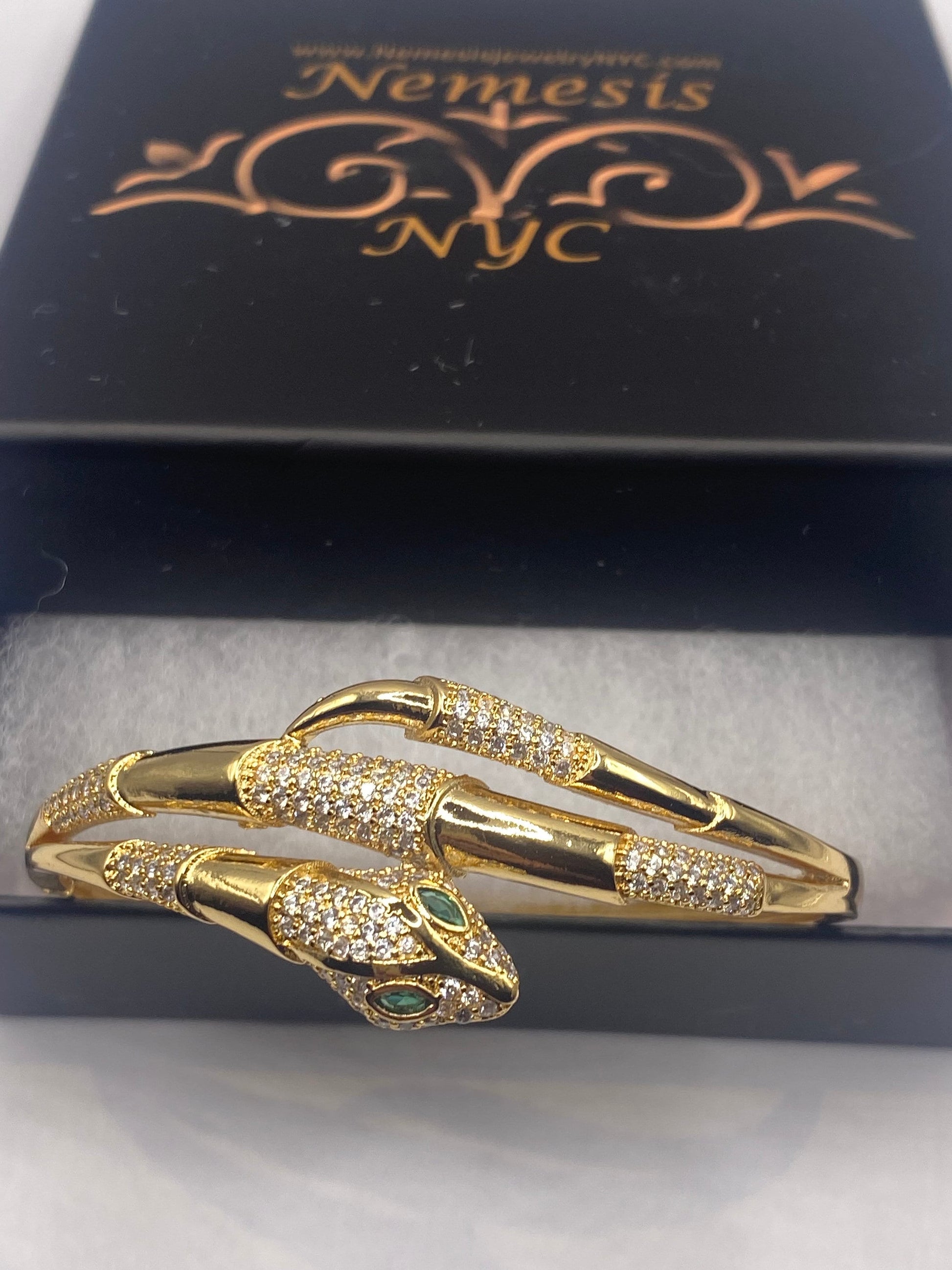 Vintage Snake Bangle Bracelet Gold filled Green Crystal Eyes