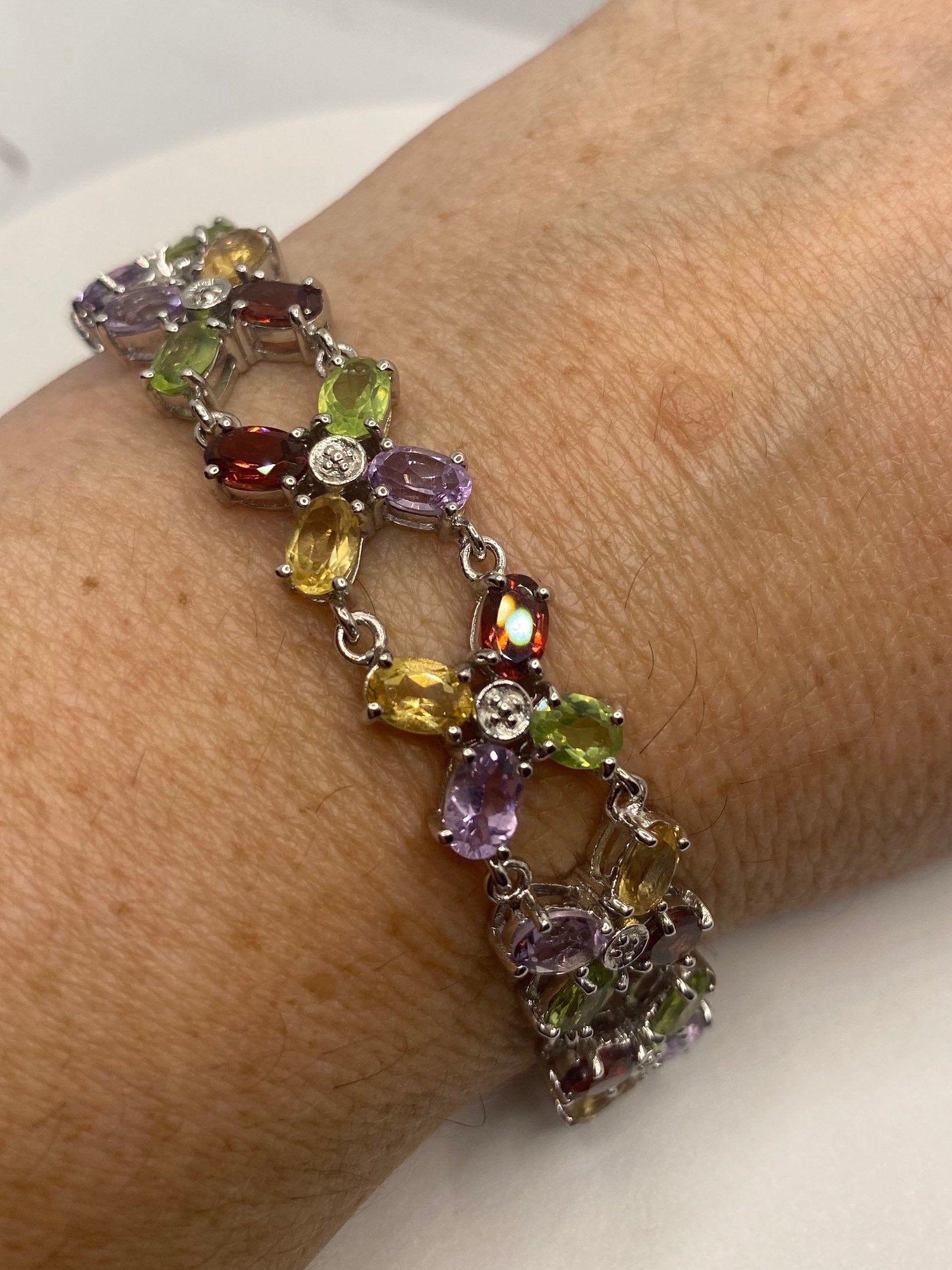 Vintage Garnet Amethyst Citrine Peridot in 925 Sterling Silver Tennis Bracelet