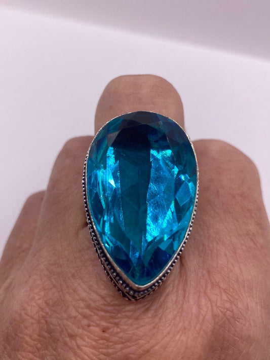 Vintage Aqua Vintage Art Glass Ring About 1 Inch chunky statement Size 8.5