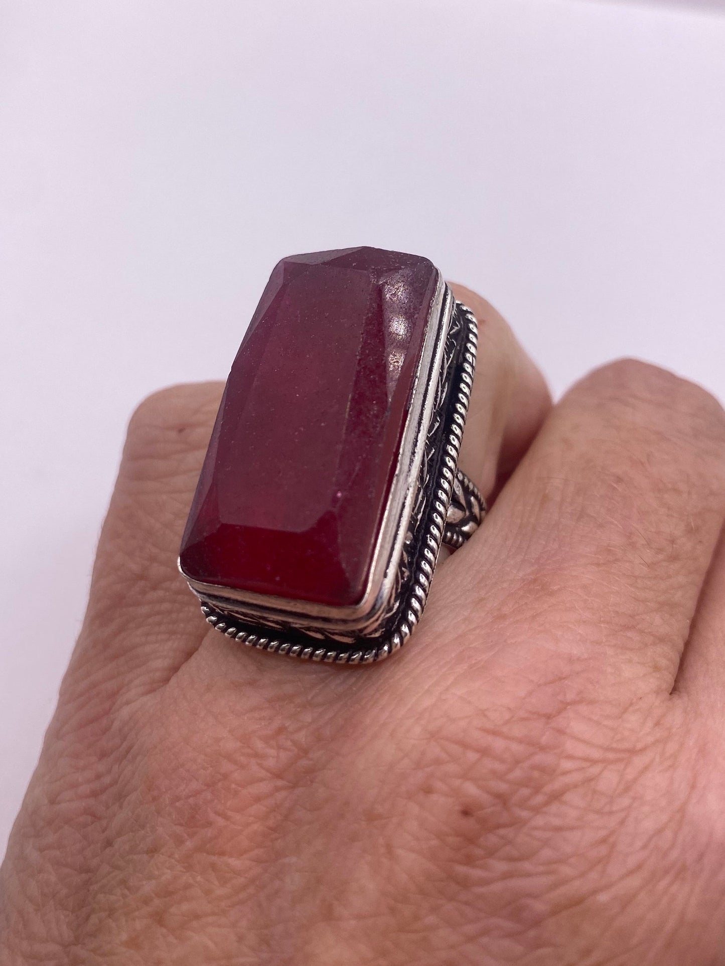 Vintage Raw Pink Ruby Deco Silver Cocktail Ring
