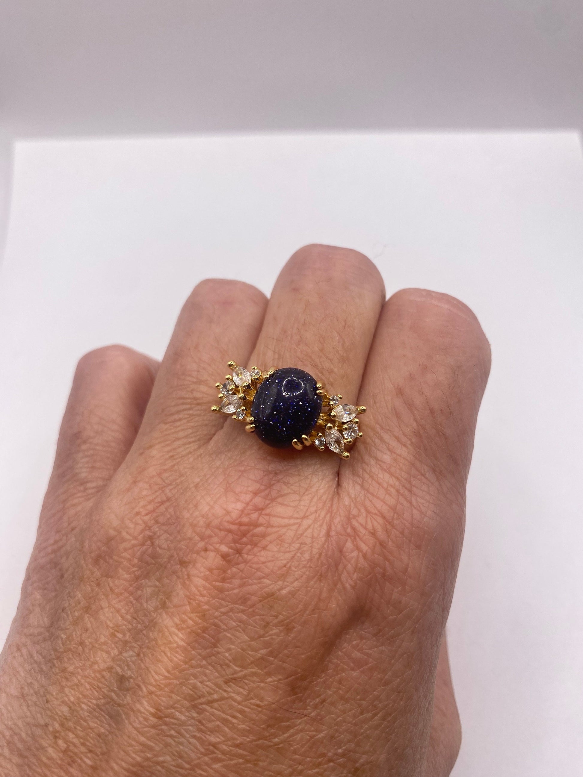 Vintage Black Goldstone Gold Sandstone Cocktail Ring