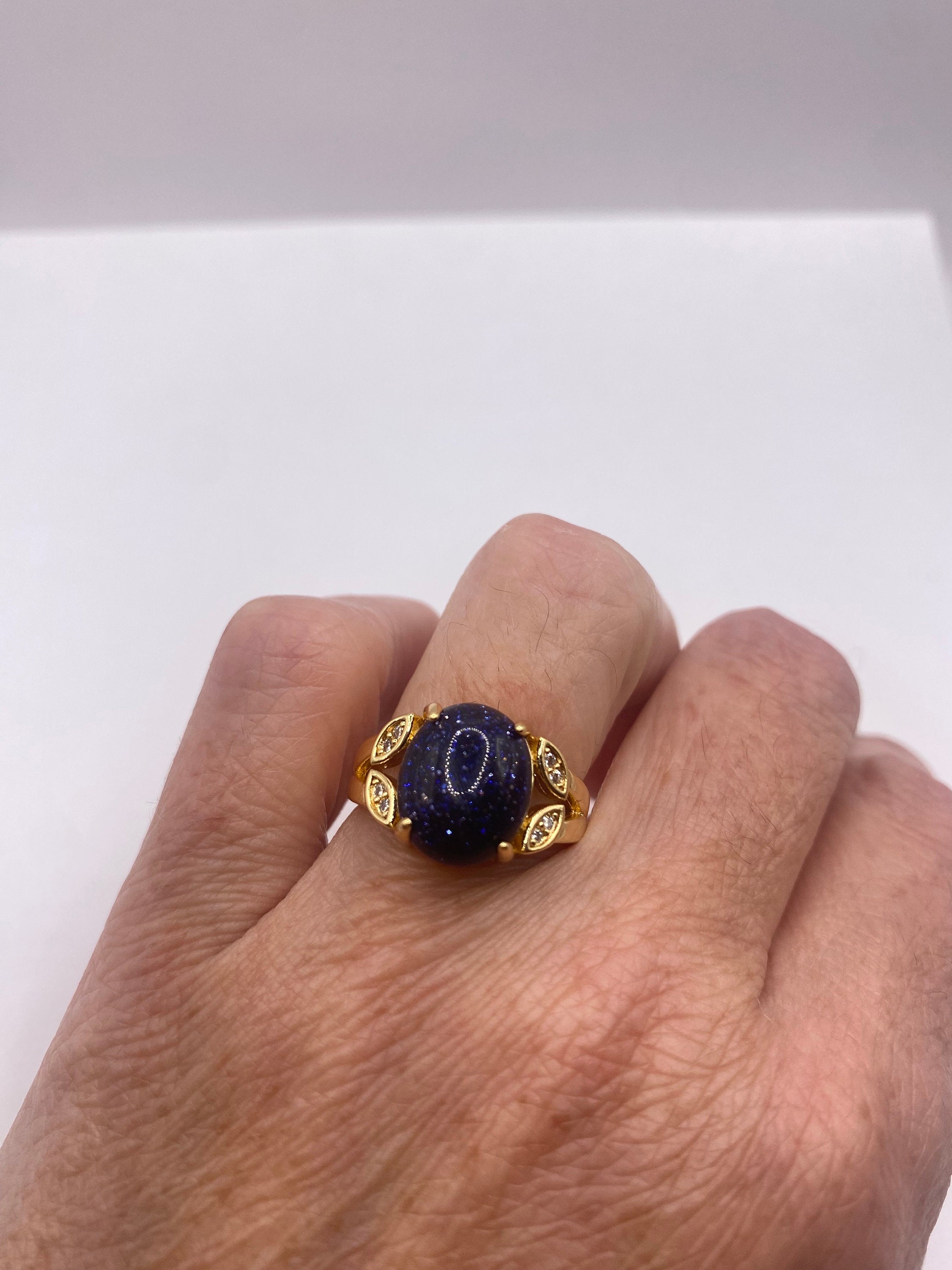 Vintage Black Goldstone Gold Sandstone Cocktail Ring 6