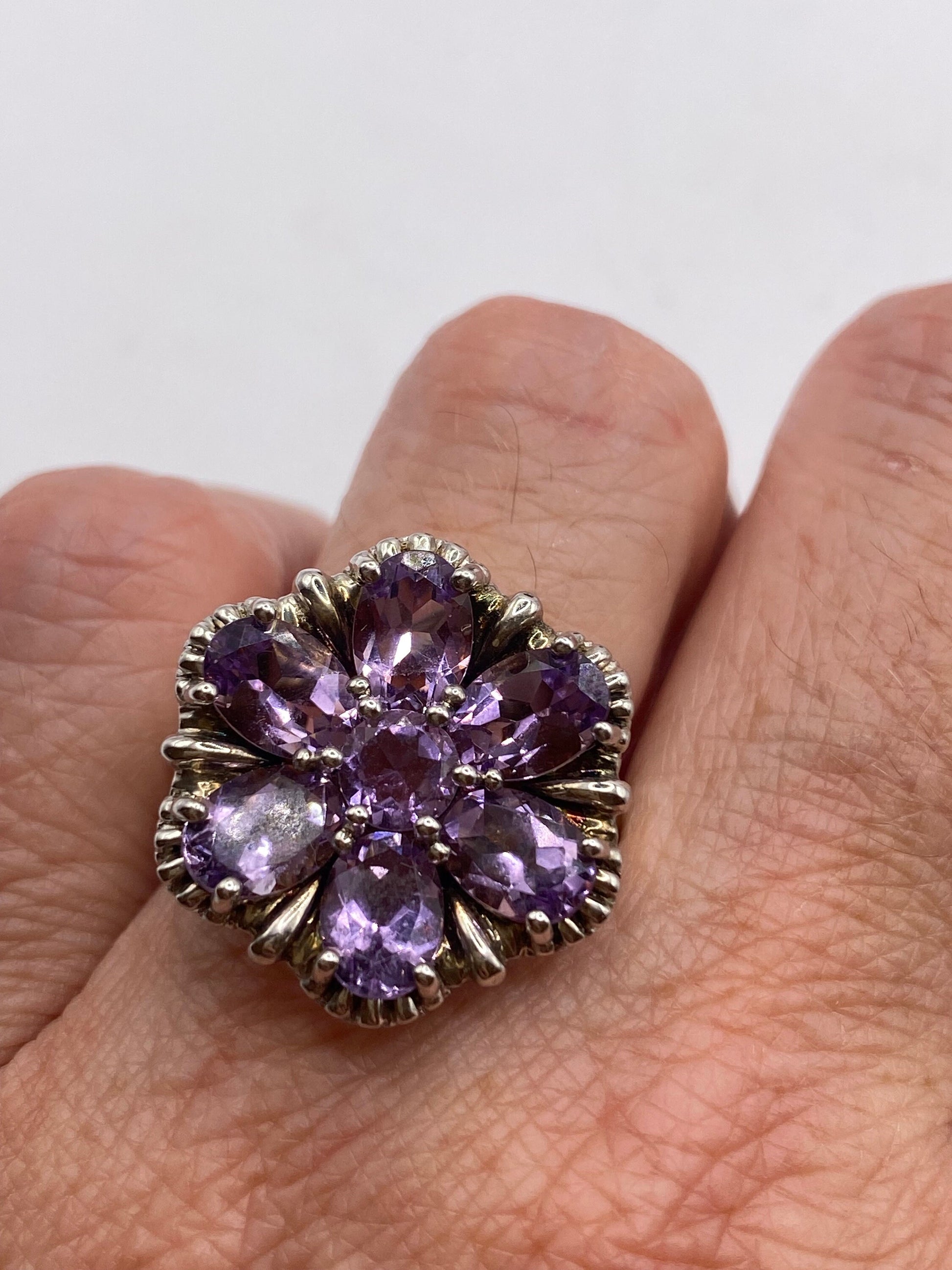 Vintage Purple Amethyst Flower Cocktail Ring 925 Sterling Silver