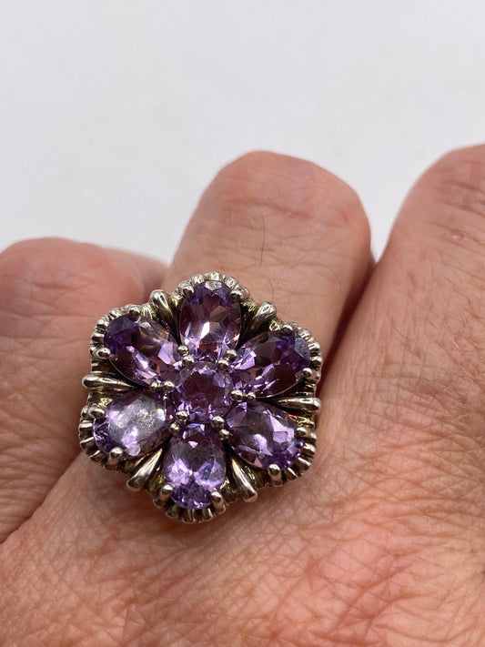 Vintage Purple Amethyst Flower Cocktail Ring 925 Sterling Silver