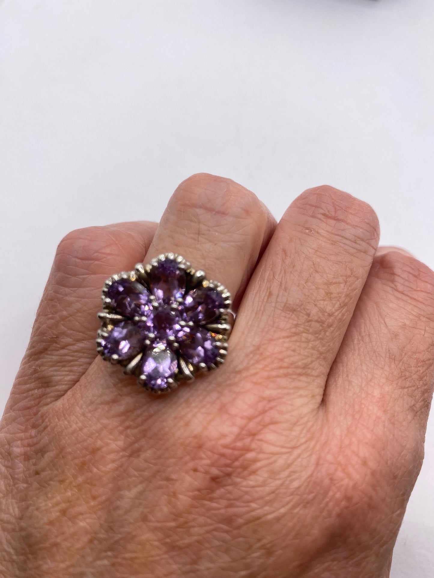 Vintage Purple Amethyst Flower Cocktail Ring 925 Sterling Silver