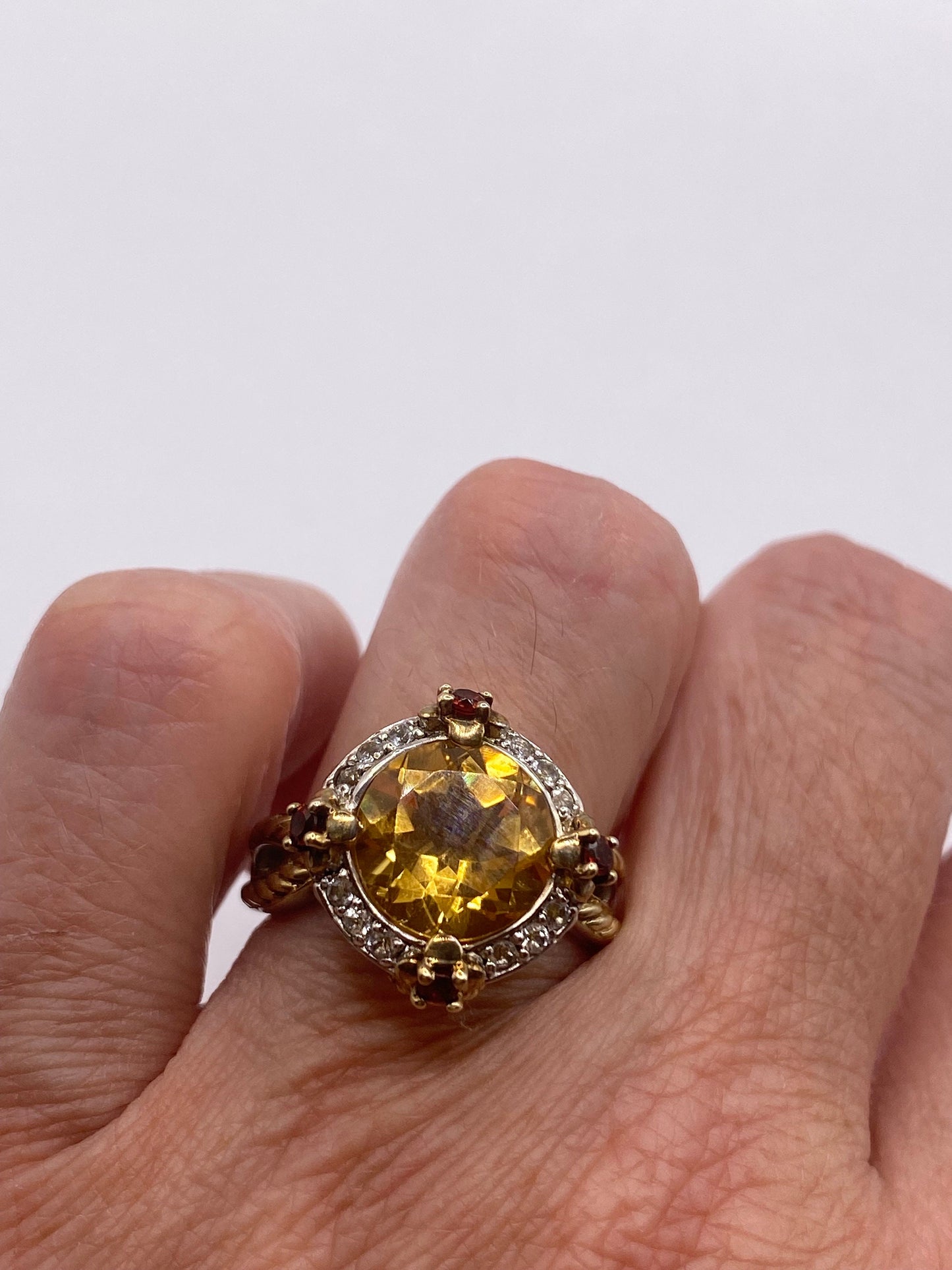 Vintage Golden Citrine Red Garnet and White Sapphire 925 Sterling Silver Ring