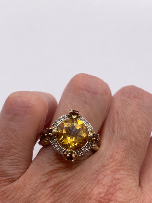 Vintage Golden Citrine Red Garnet and White Sapphire 925 Sterling Silver Ring