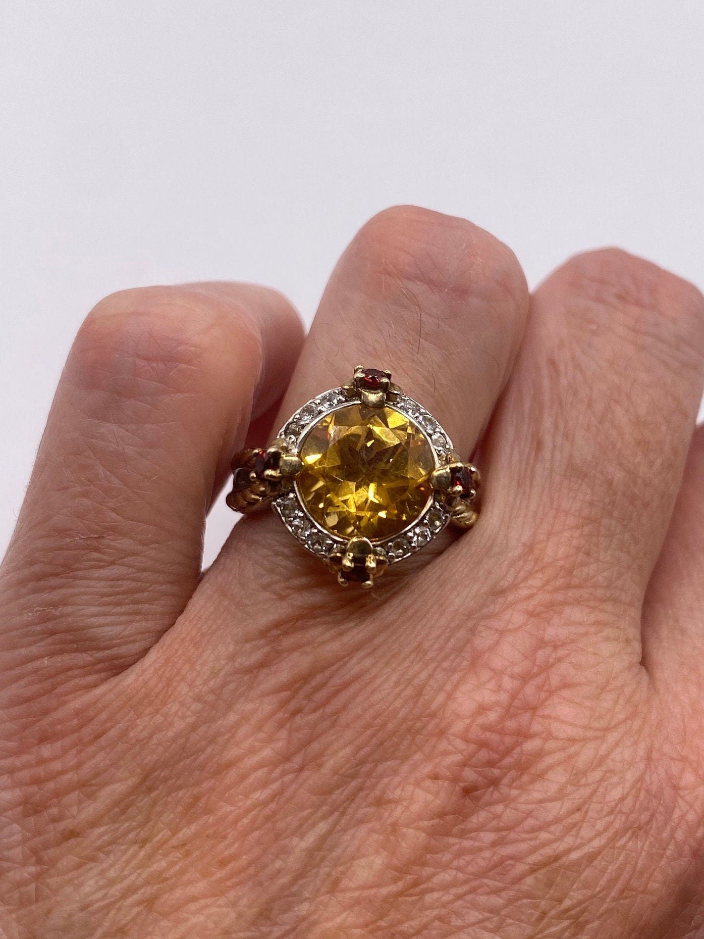 Vintage Golden Citrine Red Garnet and White Sapphire 925 Sterling Silver Ring